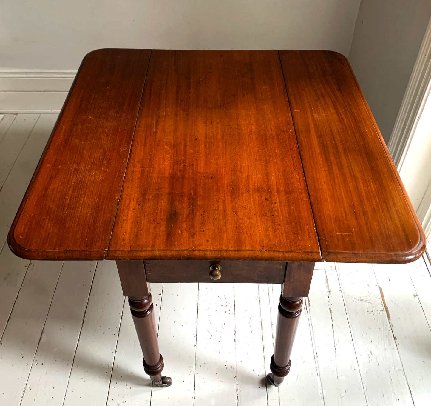 Antique Victorian Mahogany Pembroke Drop Leaf Table on Castors w/ Cutlery Drawer