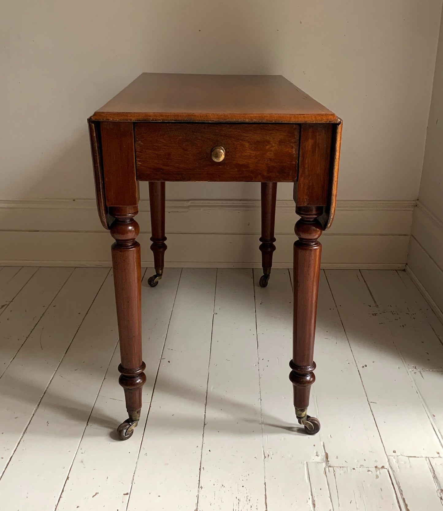 Antique Victorian Mahogany Pembroke Drop Leaf Table on Castors w/ Cutlery Drawer