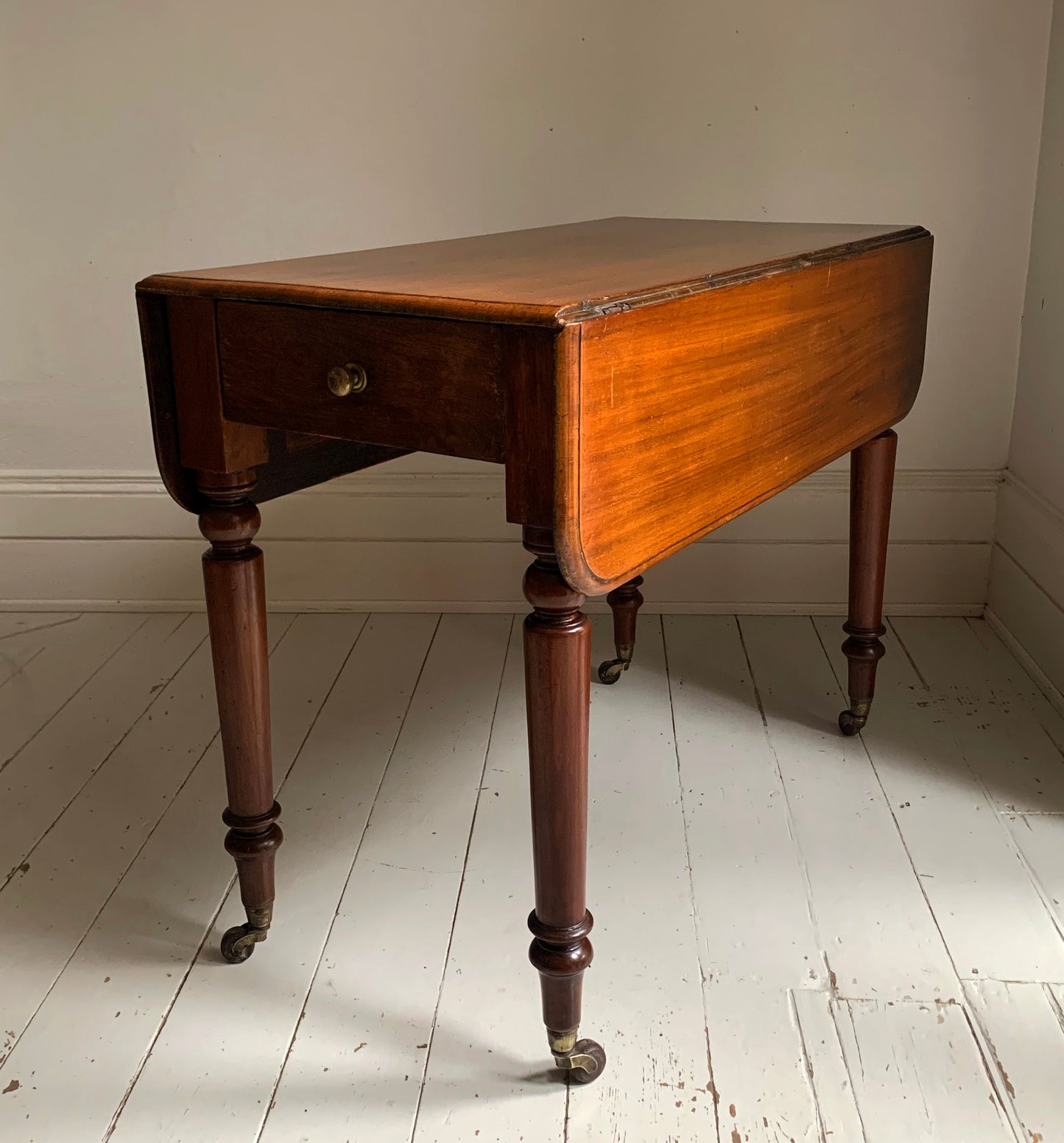 Antique Victorian Mahogany Pembroke Drop Leaf Table on Castors w/ Cutlery Drawer