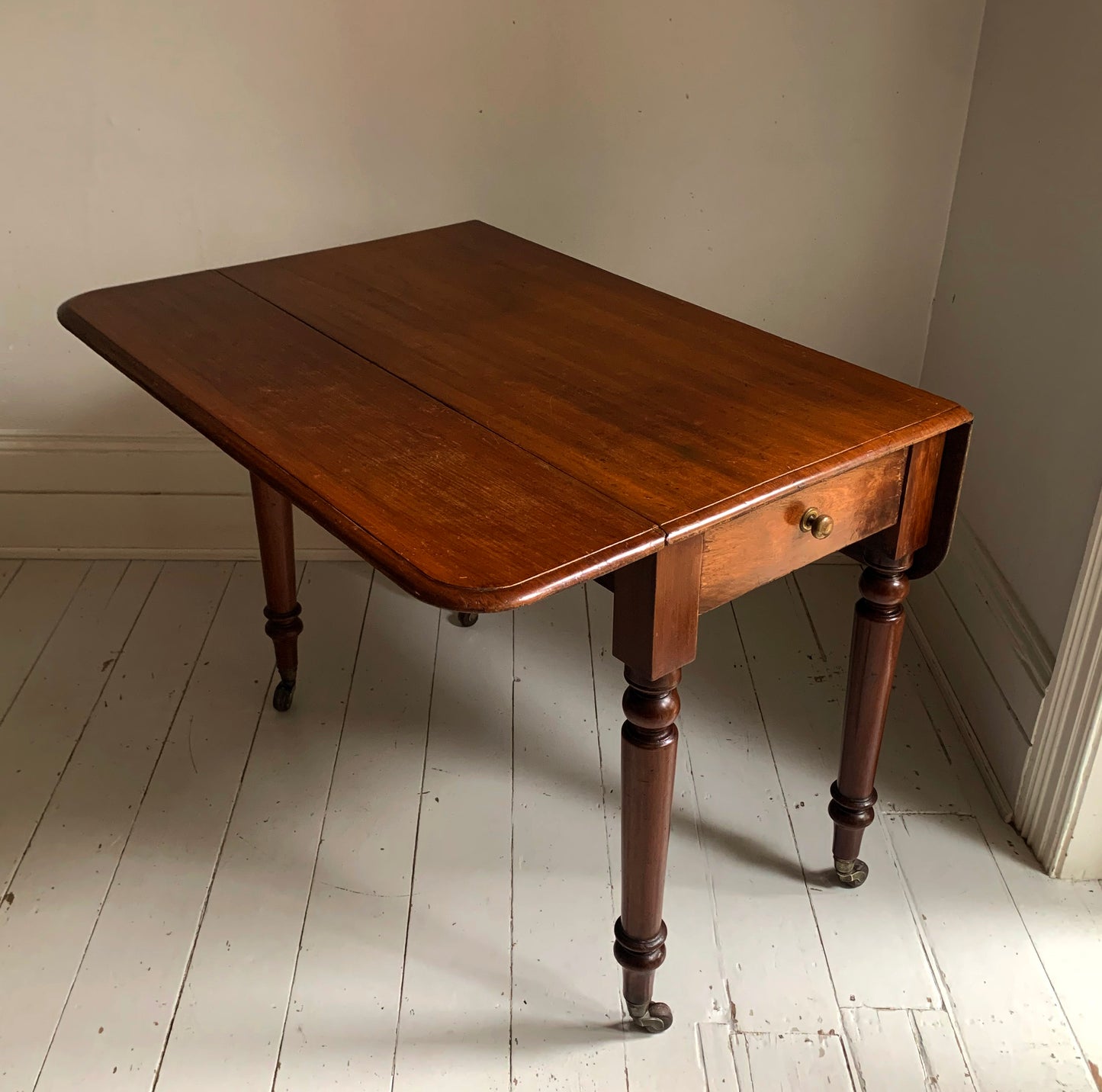 Antique Victorian Mahogany Pembroke Drop Leaf Table on Castors w/ Cutlery Drawer