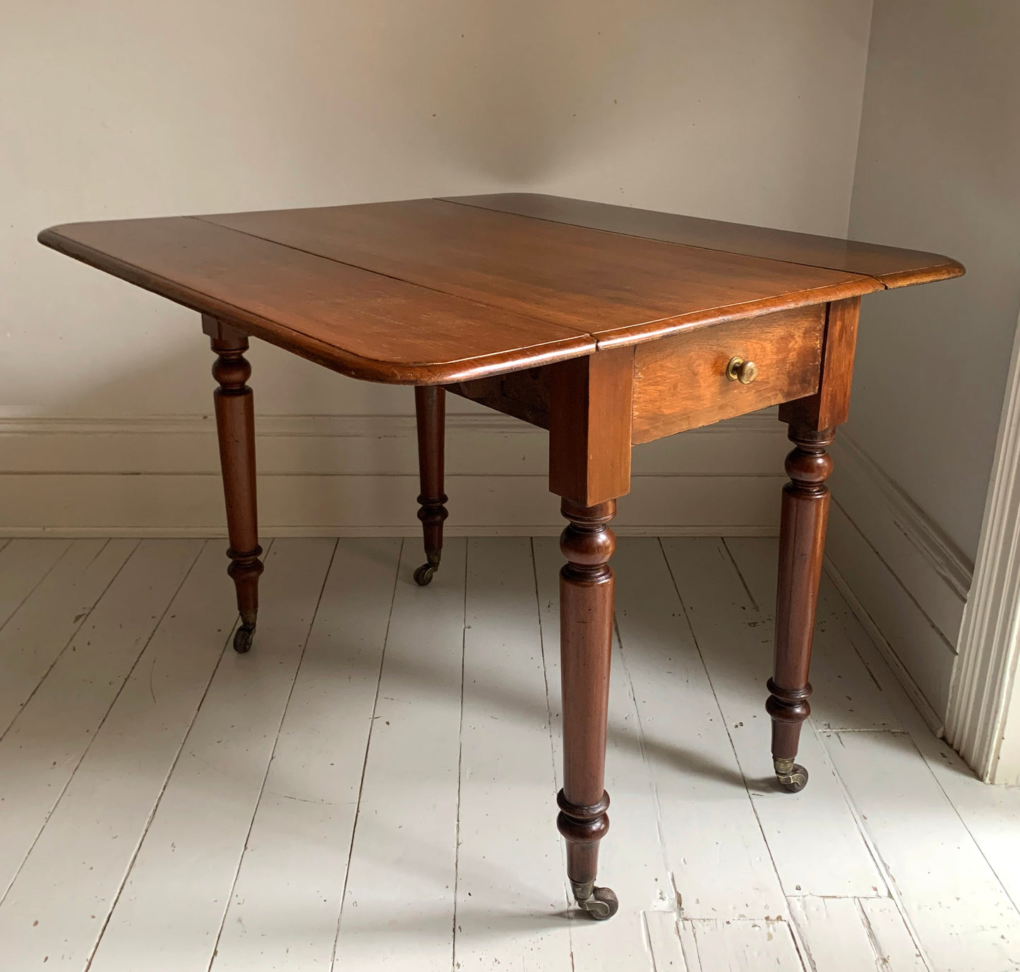 Antique Victorian Mahogany Pembroke Drop Leaf Table on Castors w/ Cutlery Drawer