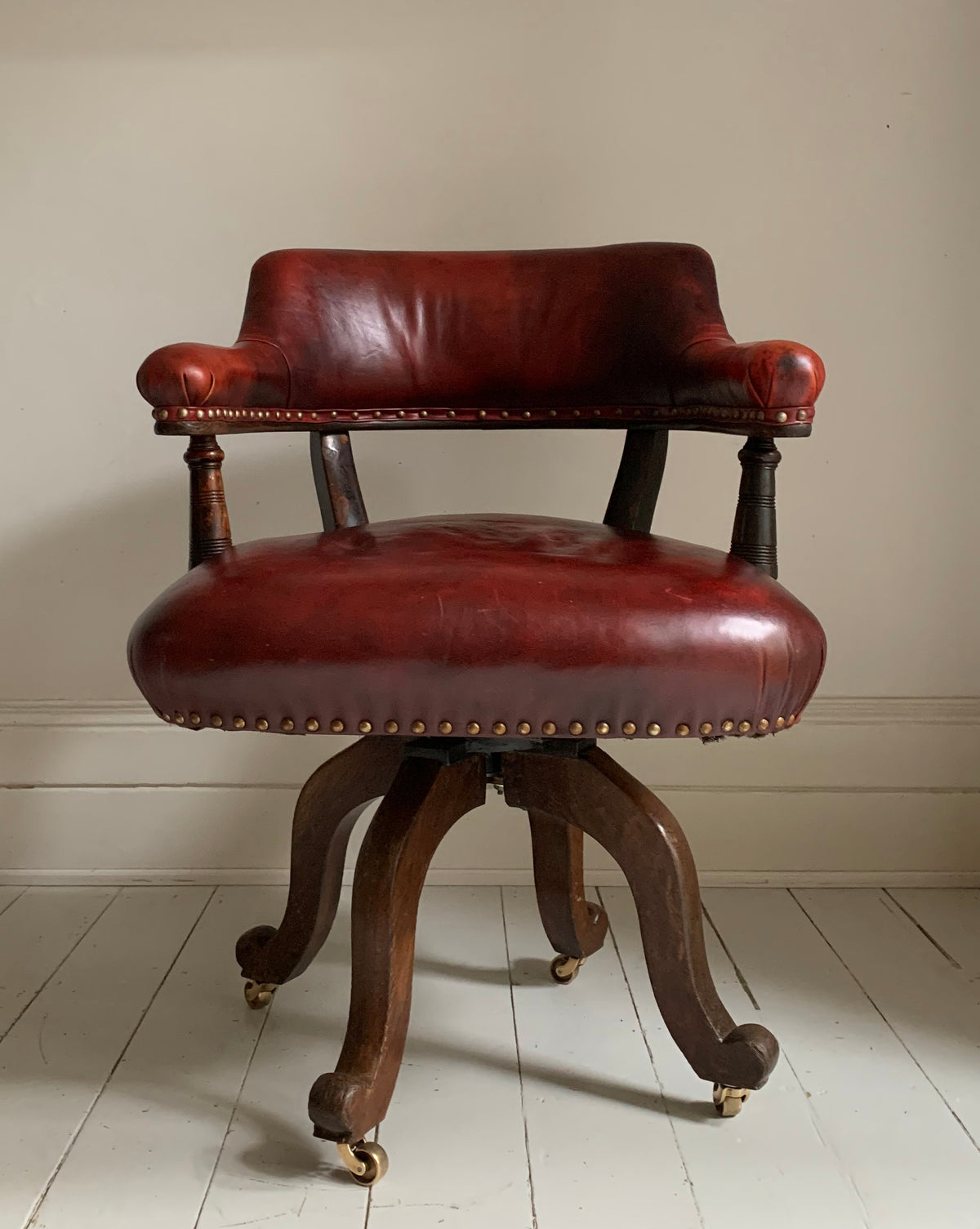 Antique Victorian Mahogany & Red Leather Swivel Captains / Desk Chair