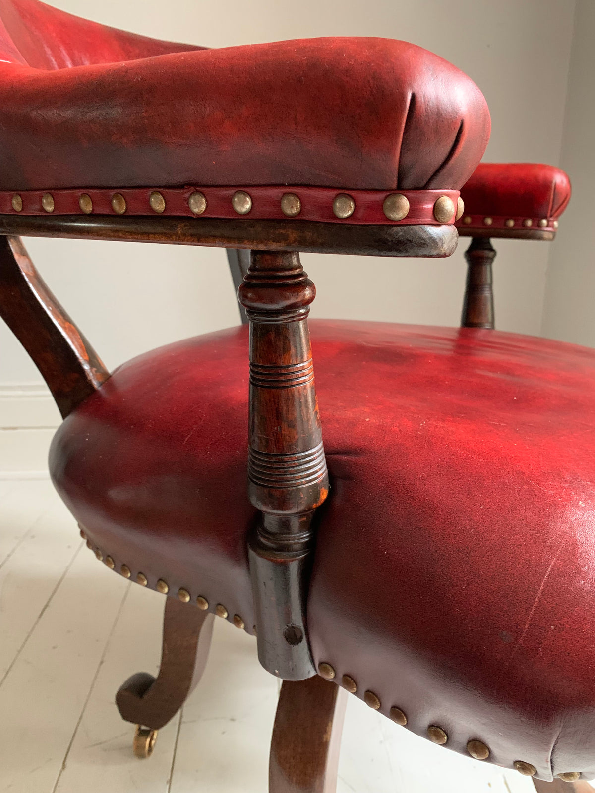 Antique Victorian Mahogany & Red Leather Swivel Captains / Desk Chair