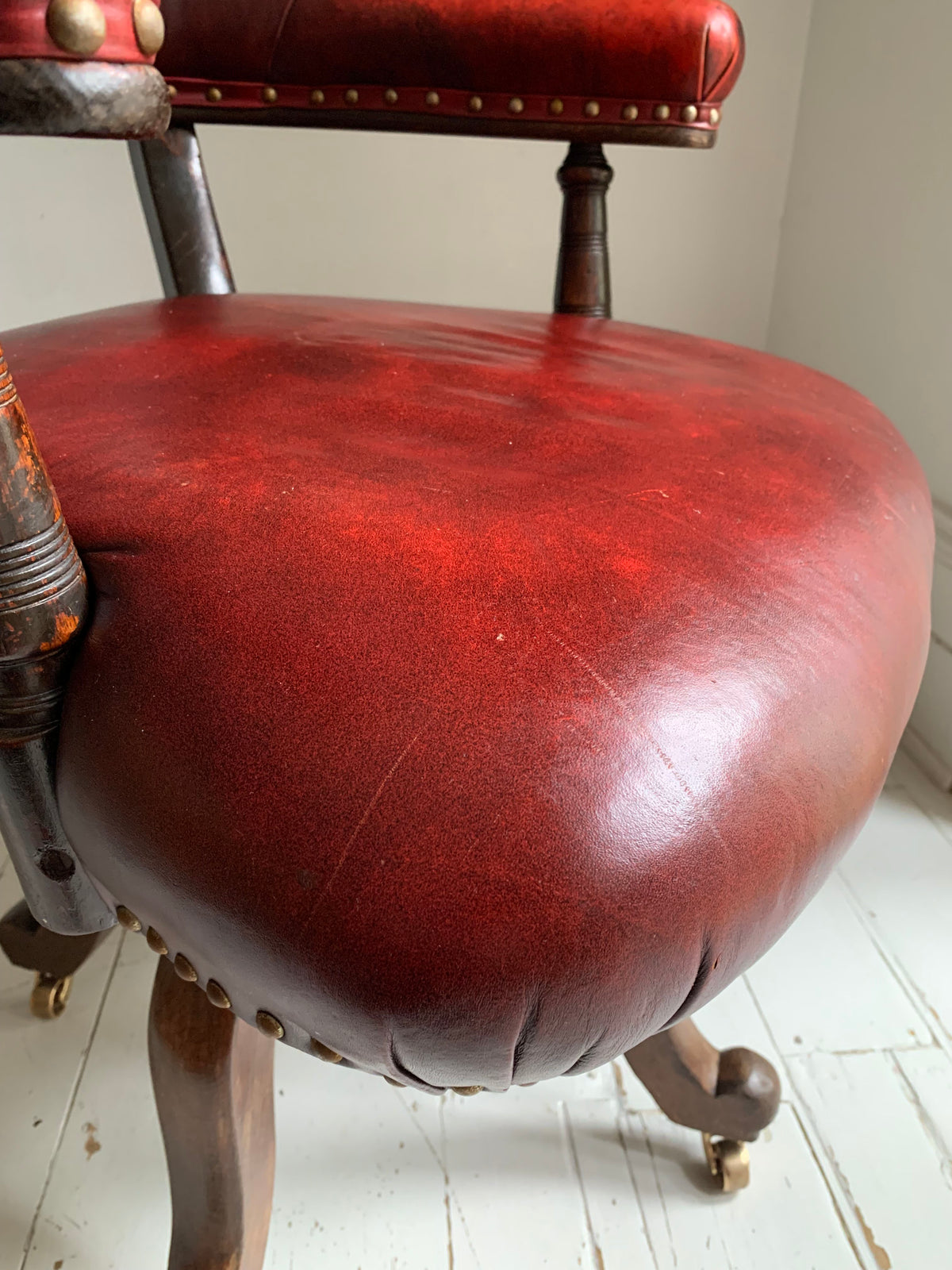 Antique Victorian Mahogany & Red Leather Swivel Captains / Desk Chair