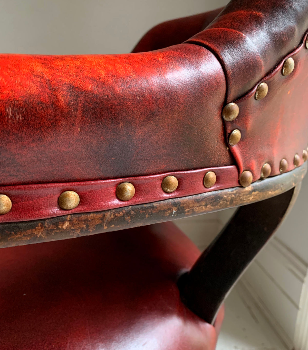 Antique Victorian Mahogany & Red Leather Swivel Captains / Desk Chair