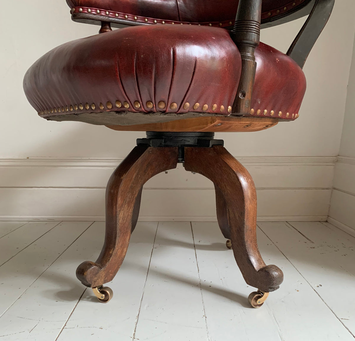 Antique Victorian Mahogany & Red Leather Swivel Captains / Desk Chair
