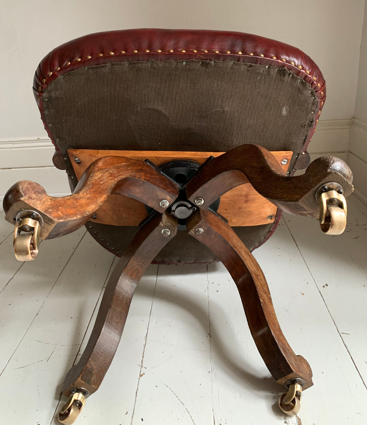 Antique Victorian Mahogany & Red Leather Swivel Captains / Desk Chair