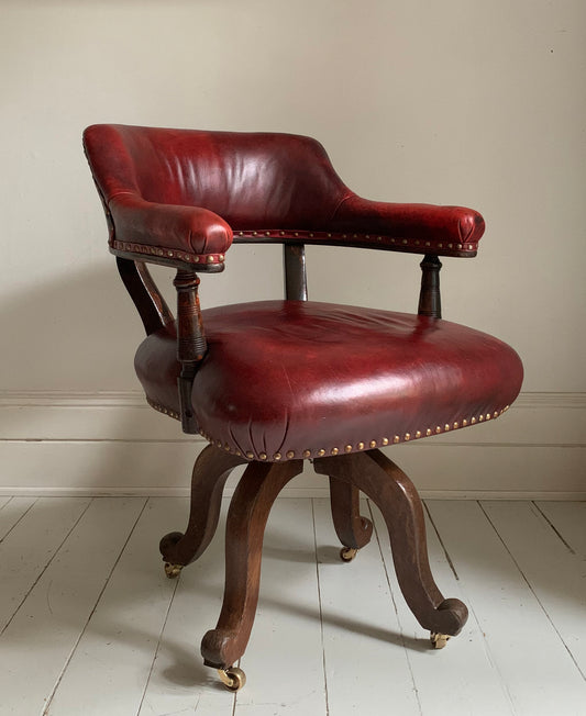 Antique Victorian Mahogany & Red Leather Swivel Captains / Desk Chair