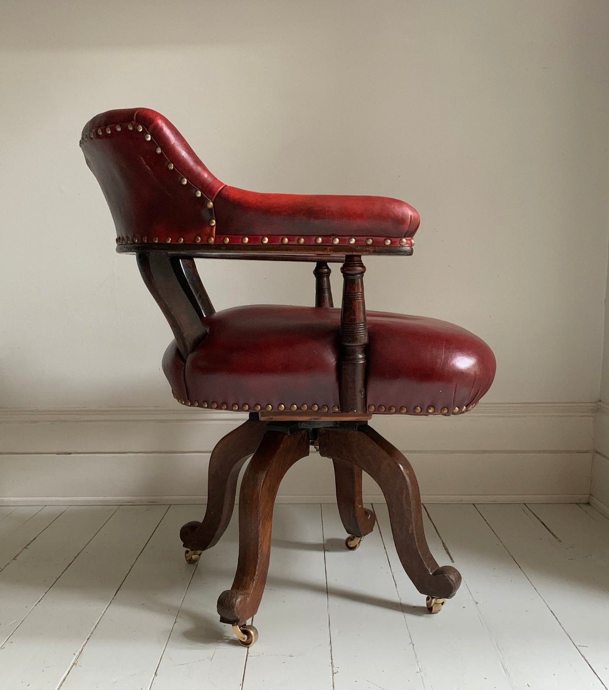 Antique Victorian Mahogany & Red Leather Swivel Captains / Desk Chair