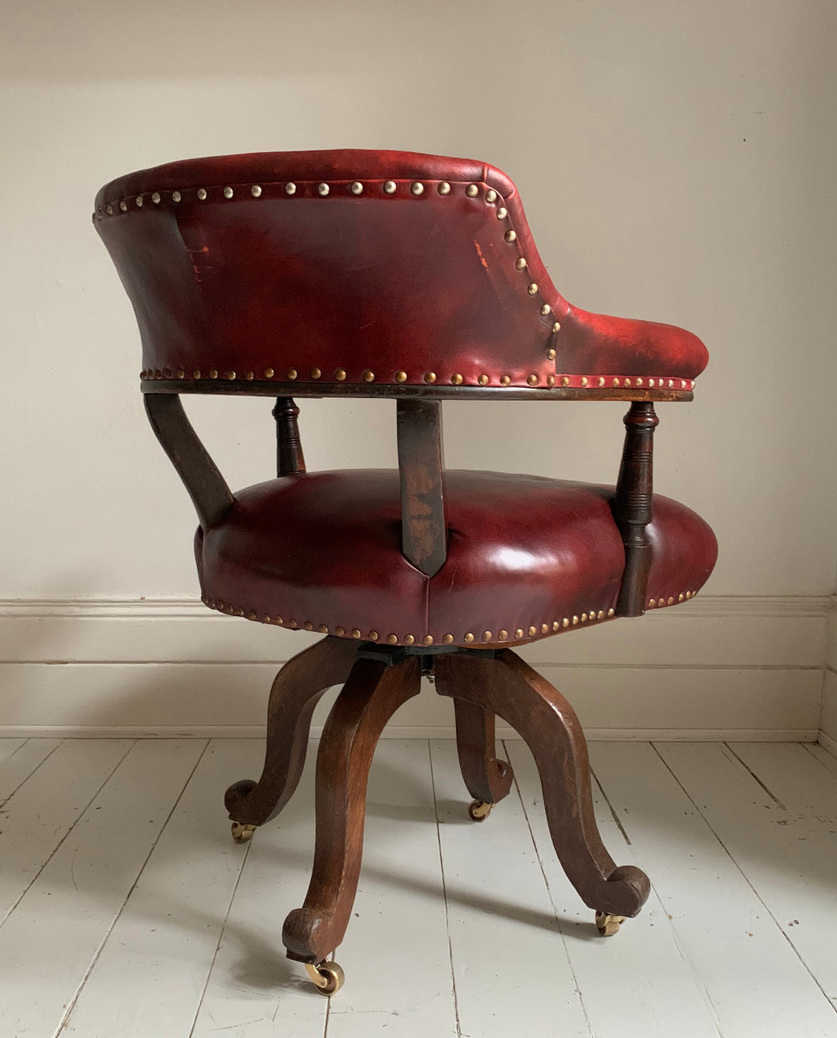 Antique Victorian Mahogany & Red Leather Swivel Captains / Desk Chair