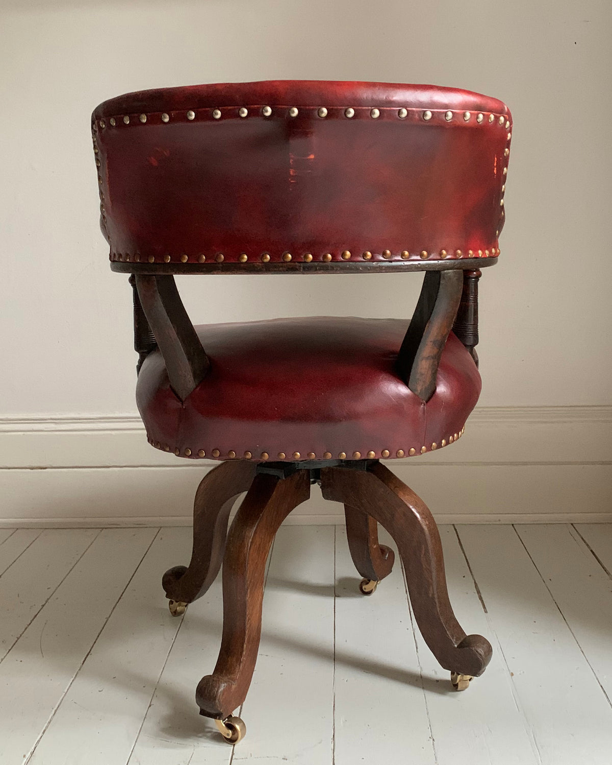 Antique Victorian Mahogany & Red Leather Swivel Captains / Desk Chair