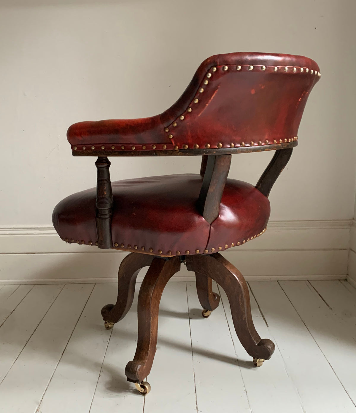 Antique Victorian Mahogany & Red Leather Swivel Captains / Desk Chair