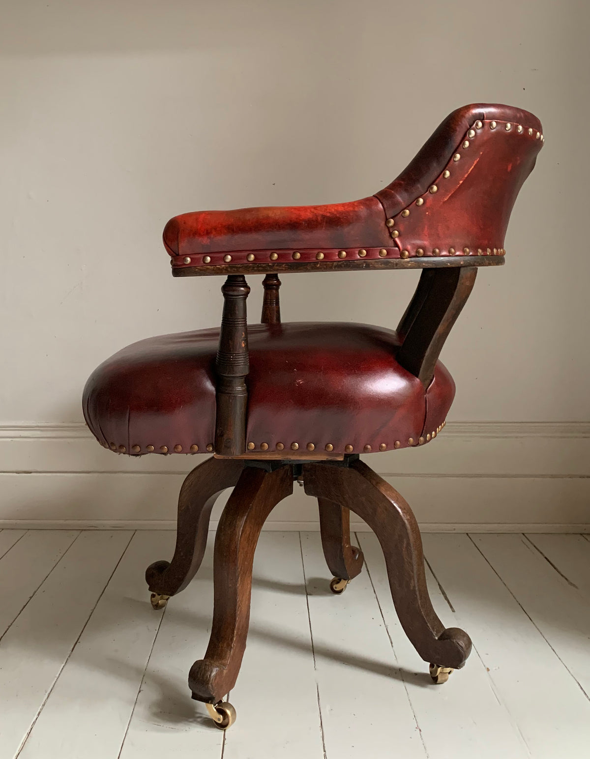 Antique Victorian Mahogany & Red Leather Swivel Captains / Desk Chair