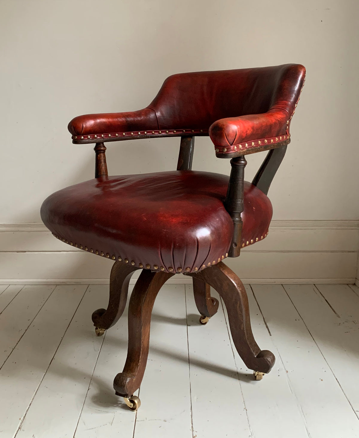 Antique Victorian Mahogany & Red Leather Swivel Captains / Desk Chair