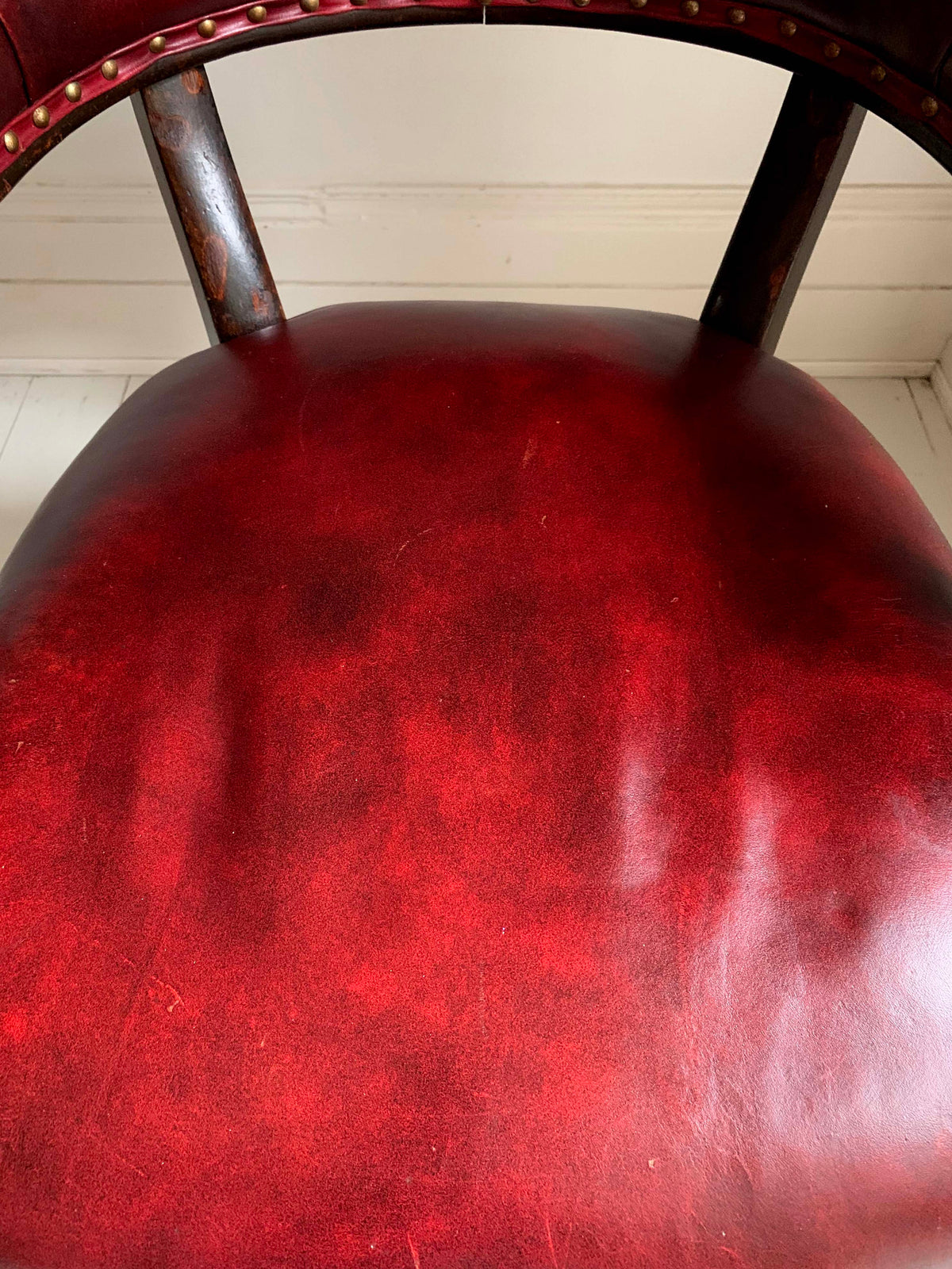 Antique Victorian Mahogany & Red Leather Swivel Captains / Desk Chair