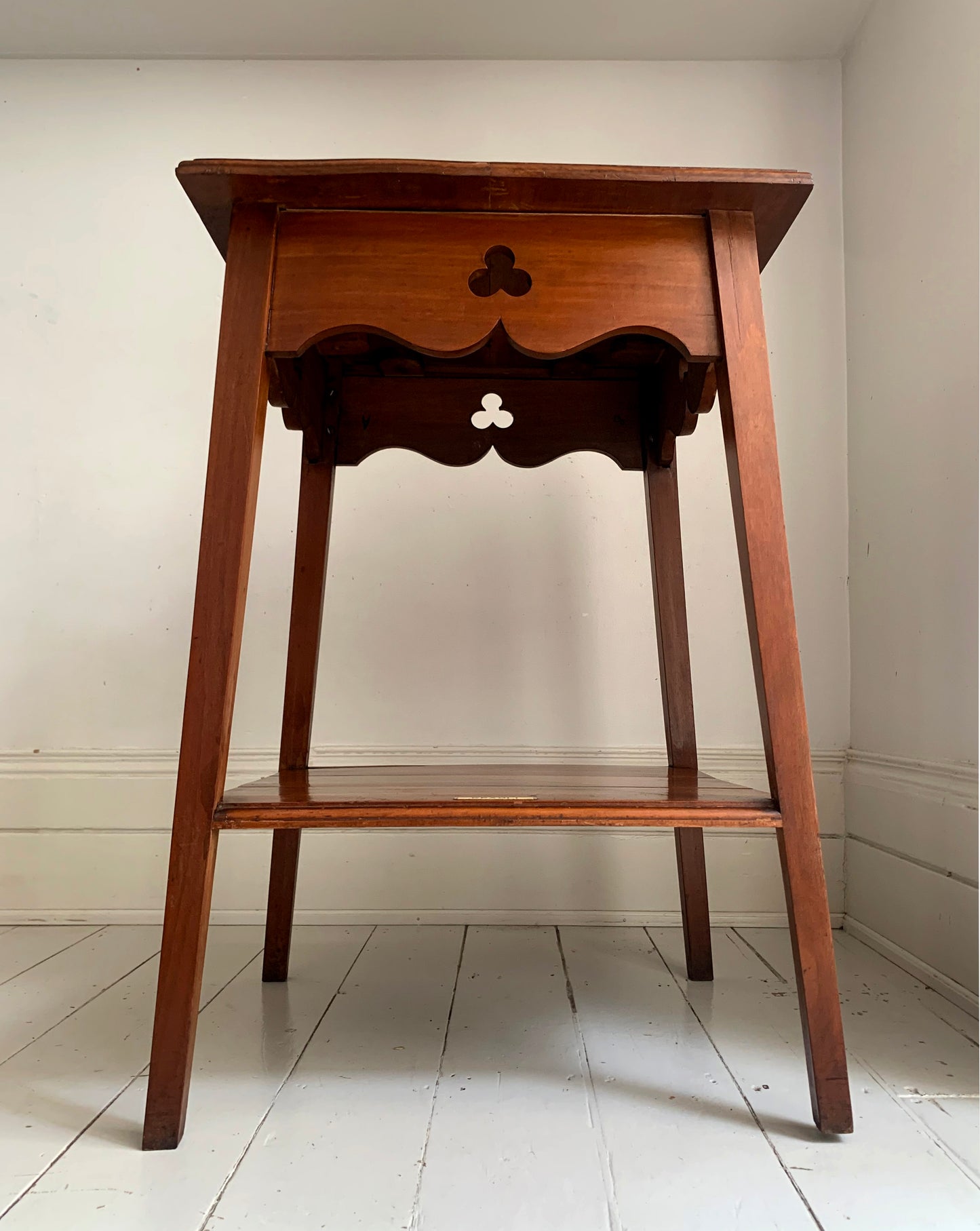Antique Edwardian Arts & Craft Carved Oak Two-Tier Large Side Table - KPAOLI