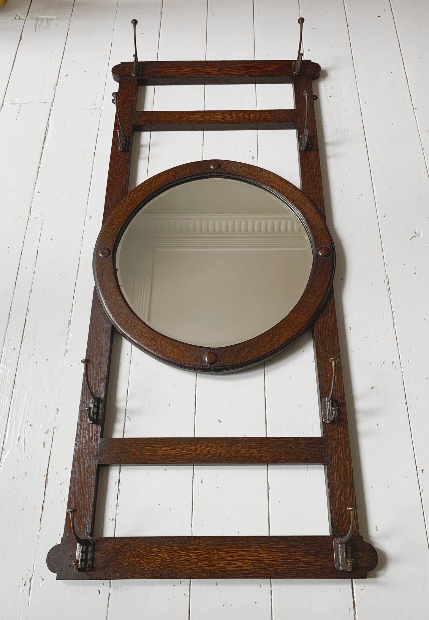 Antique Arts & Crafts Round bevelled Mirror & Coat Rack - Oak