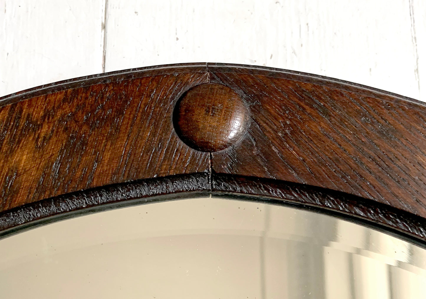 Antique Arts & Crafts Round bevelled Mirror & Coat Rack - Oak