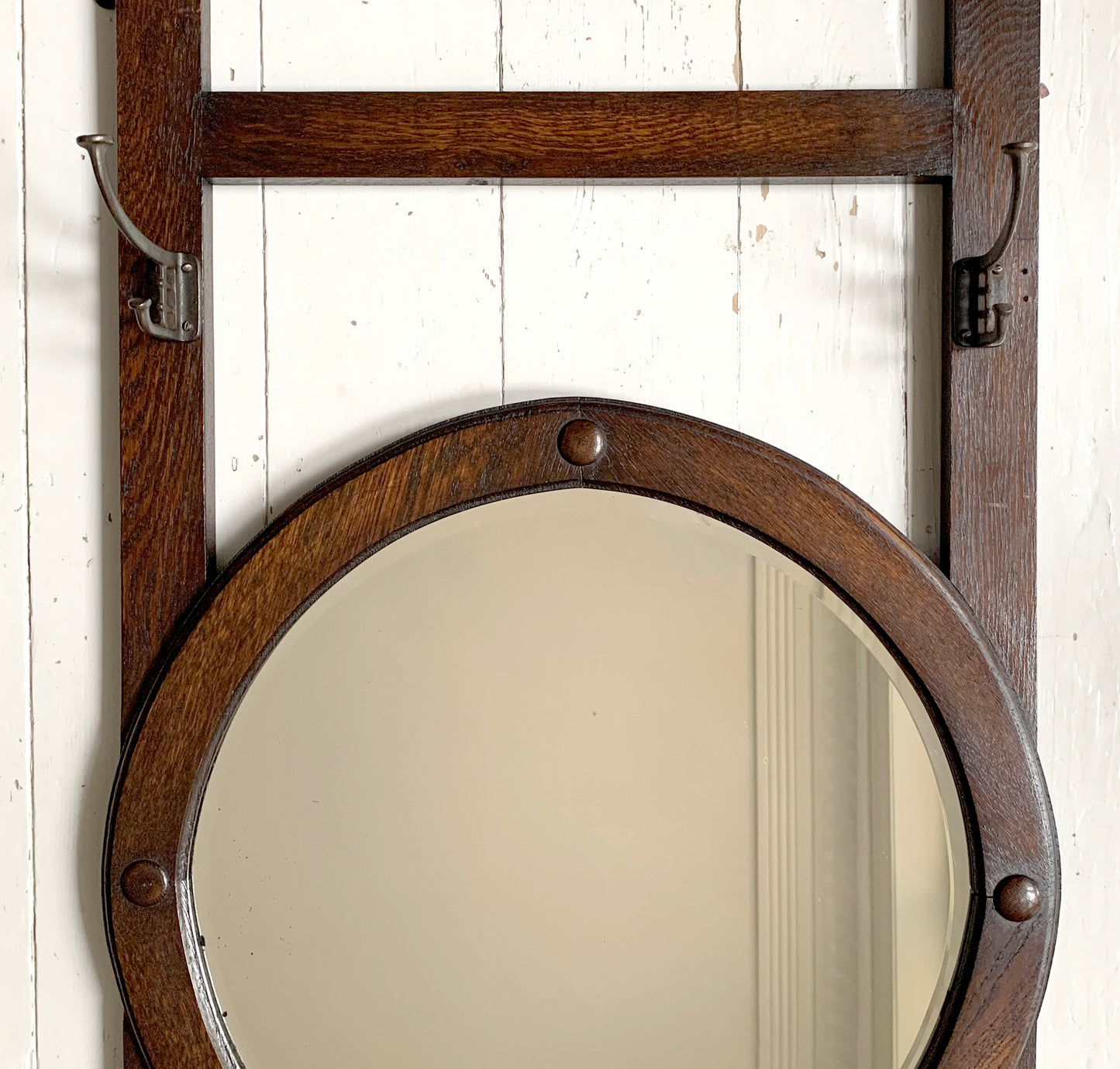 Antique Arts & Crafts Round bevelled Mirror & Coat Rack - Oak