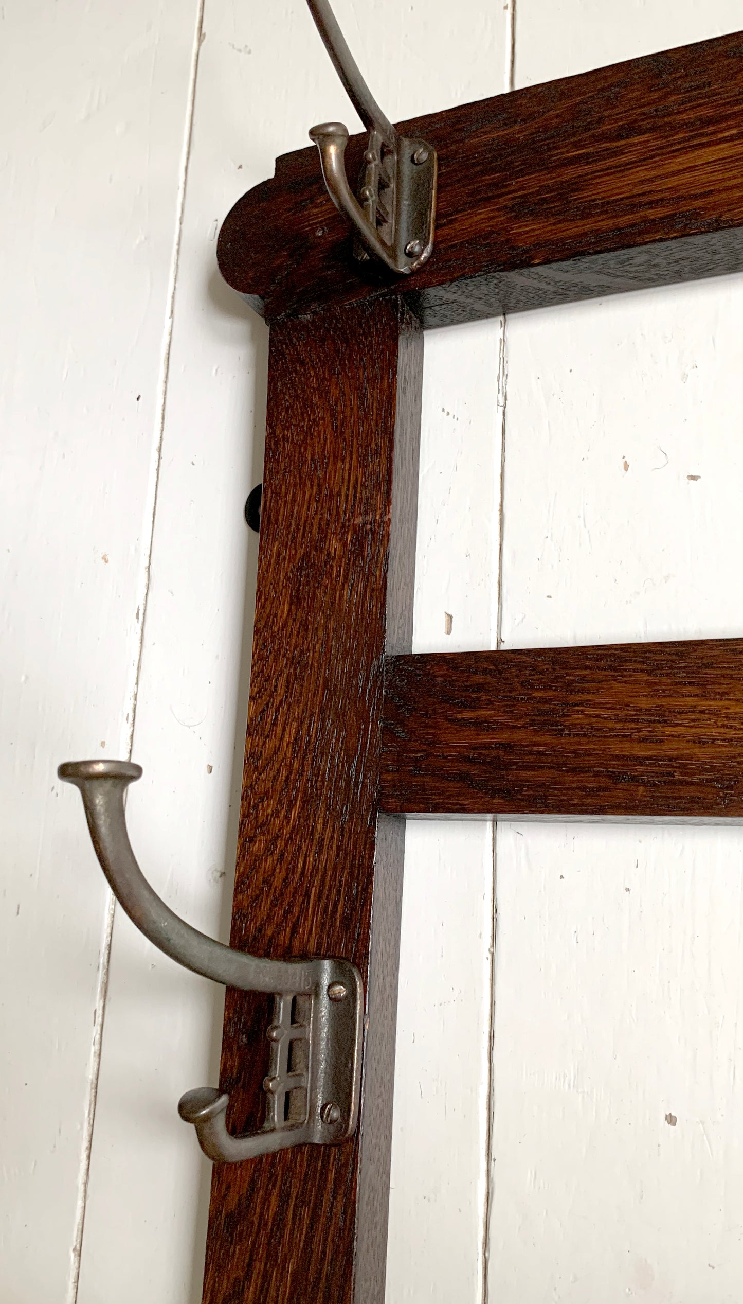 Antique Arts & Crafts Round bevelled Mirror & Coat Rack - Oak