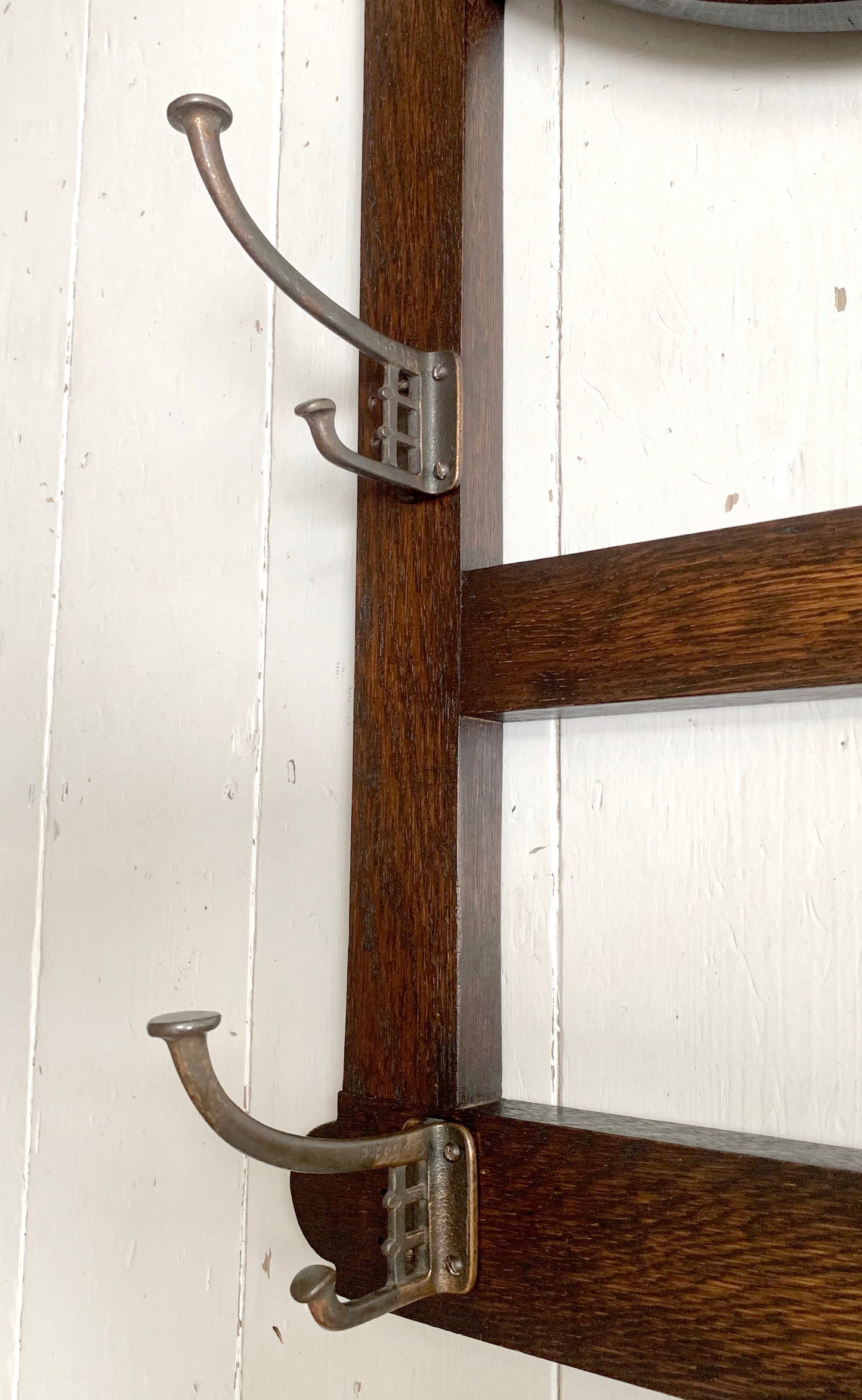 Antique Arts & Crafts Round bevelled Mirror & Coat Rack - Oak