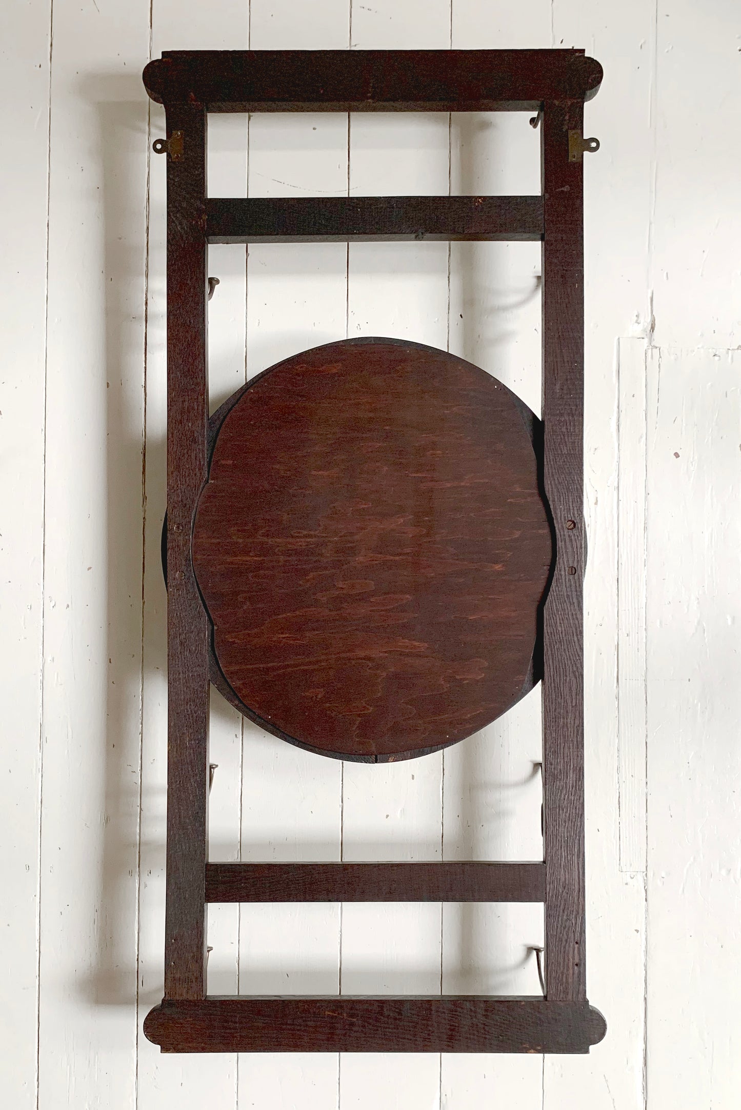 Antique Arts & Crafts Round bevelled Mirror & Coat Rack - Oak