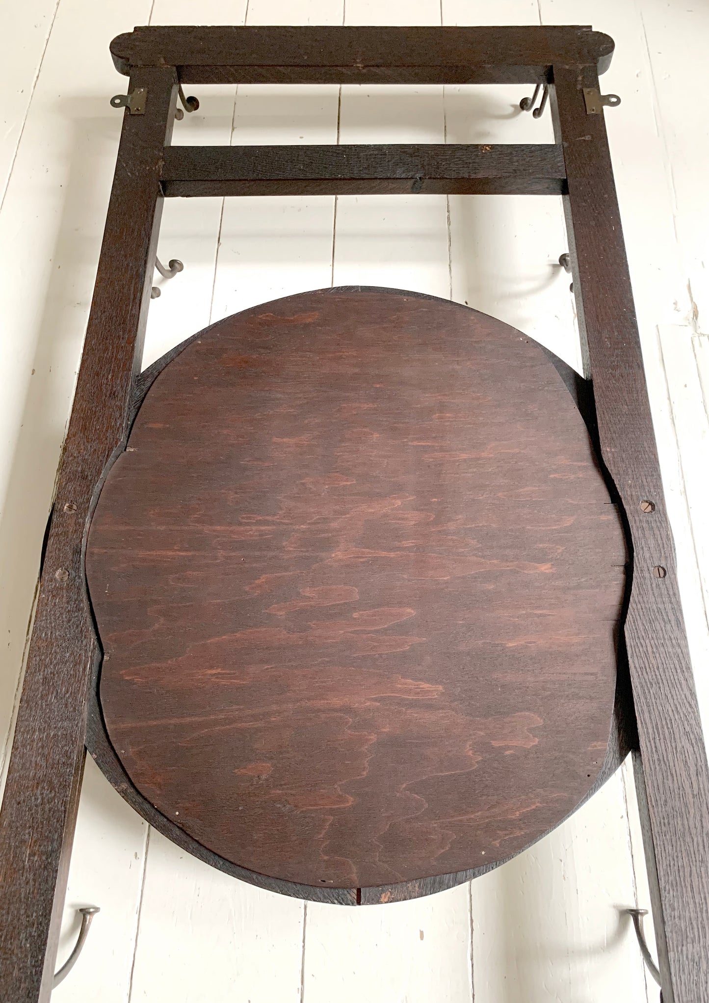 Antique Arts & Crafts Round bevelled Mirror & Coat Rack - Oak