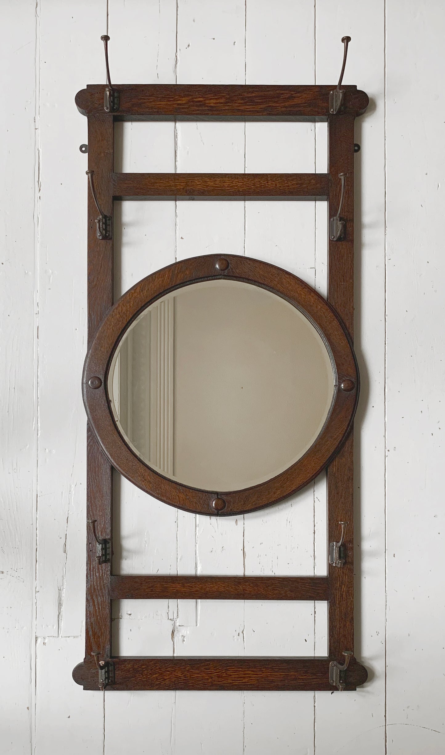 Antique Arts & Crafts Round bevelled Mirror & Coat Rack - Oak