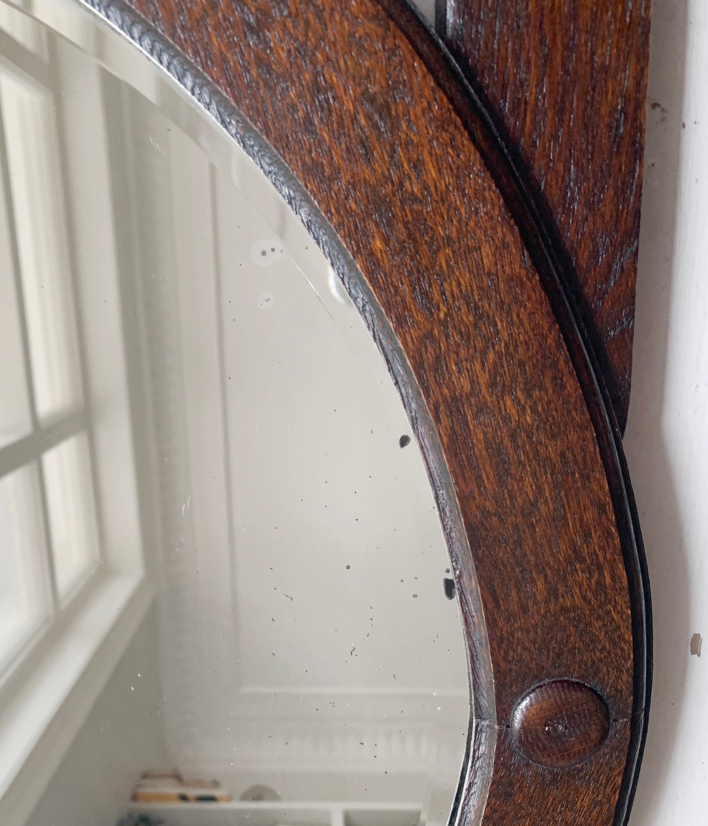Antique Arts & Crafts Round bevelled Mirror & Coat Rack - Oak