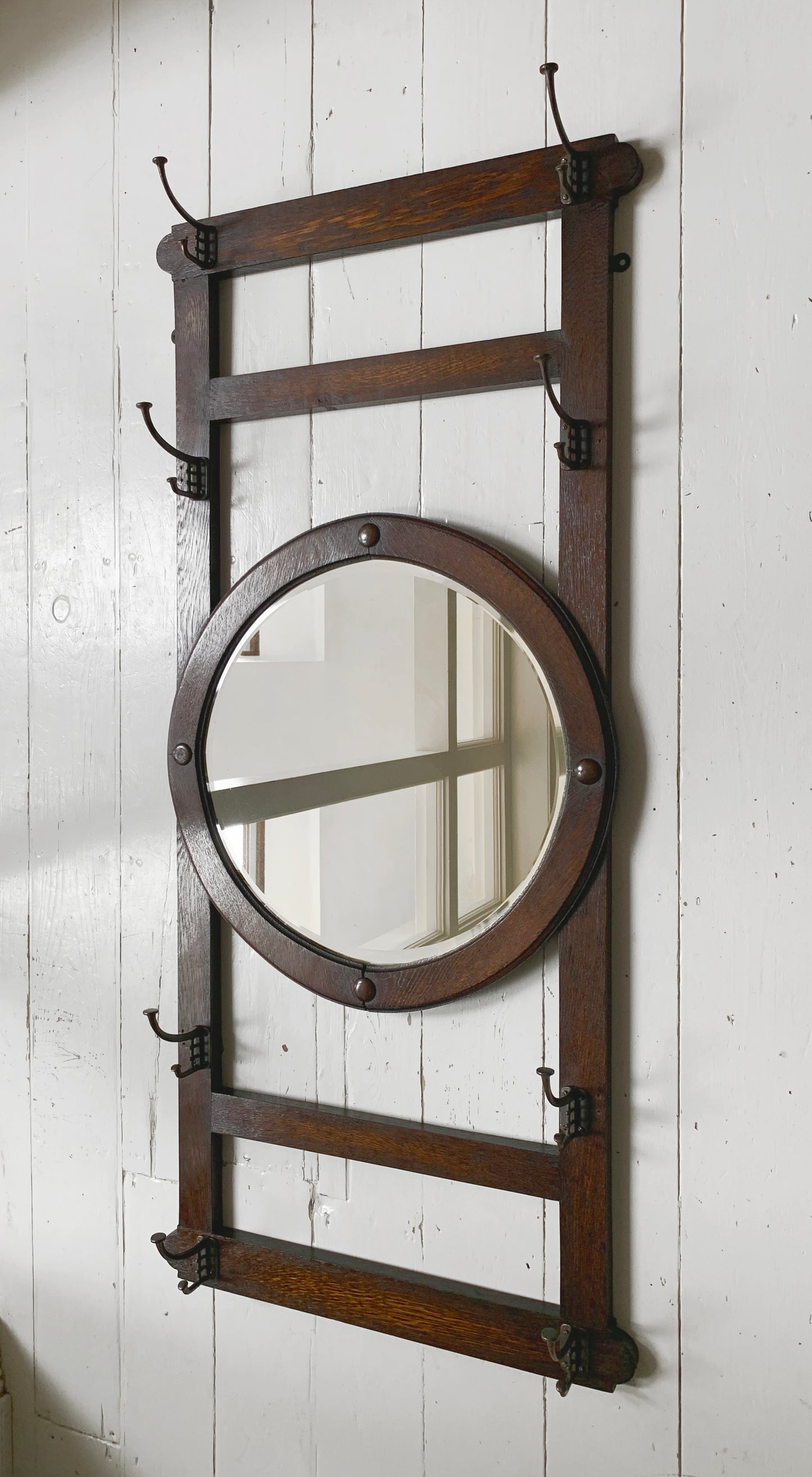 Antique Arts & Crafts Round bevelled Mirror & Coat Rack - Oak