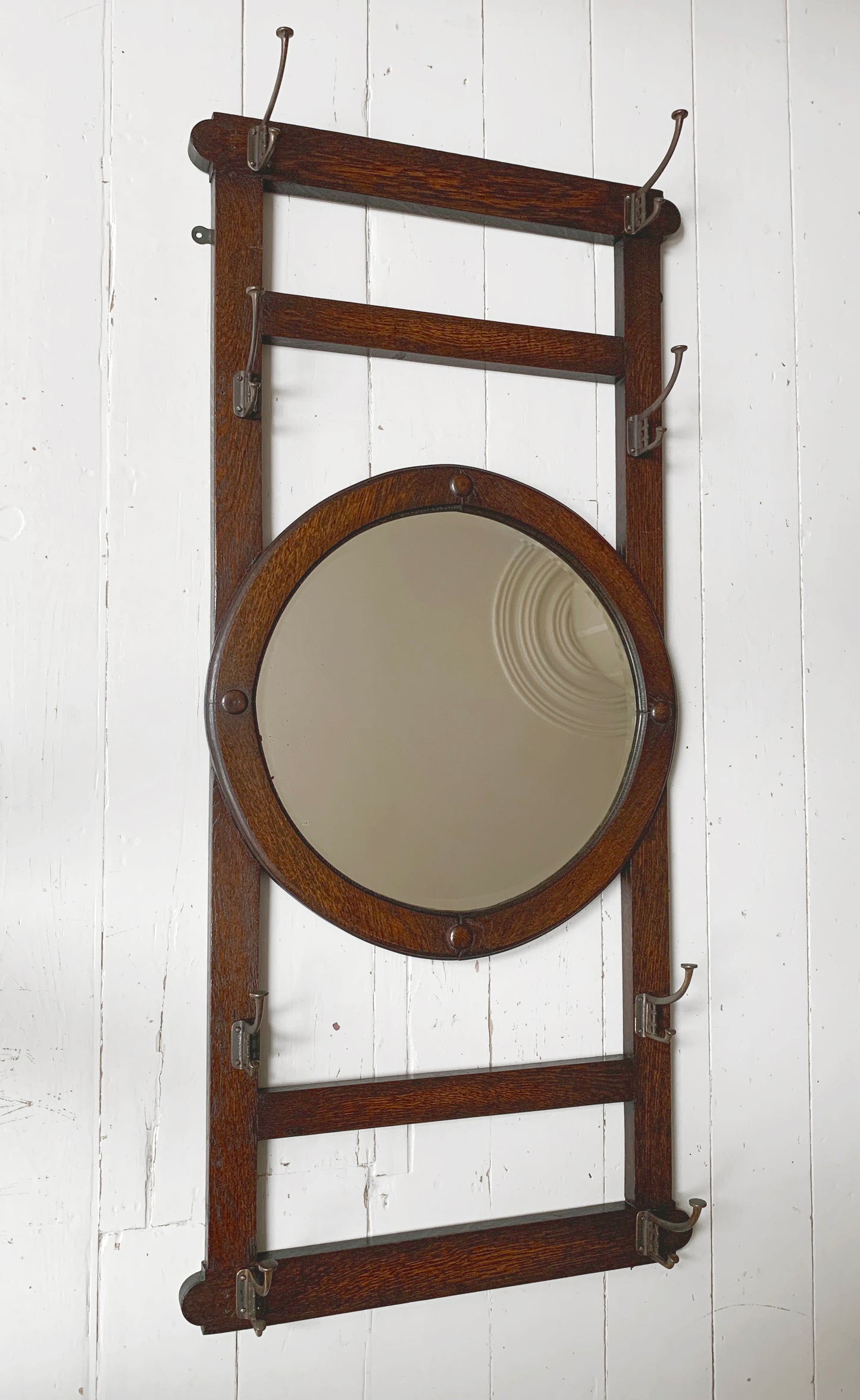 Antique Arts & Crafts Round bevelled Mirror & Coat Rack - Oak