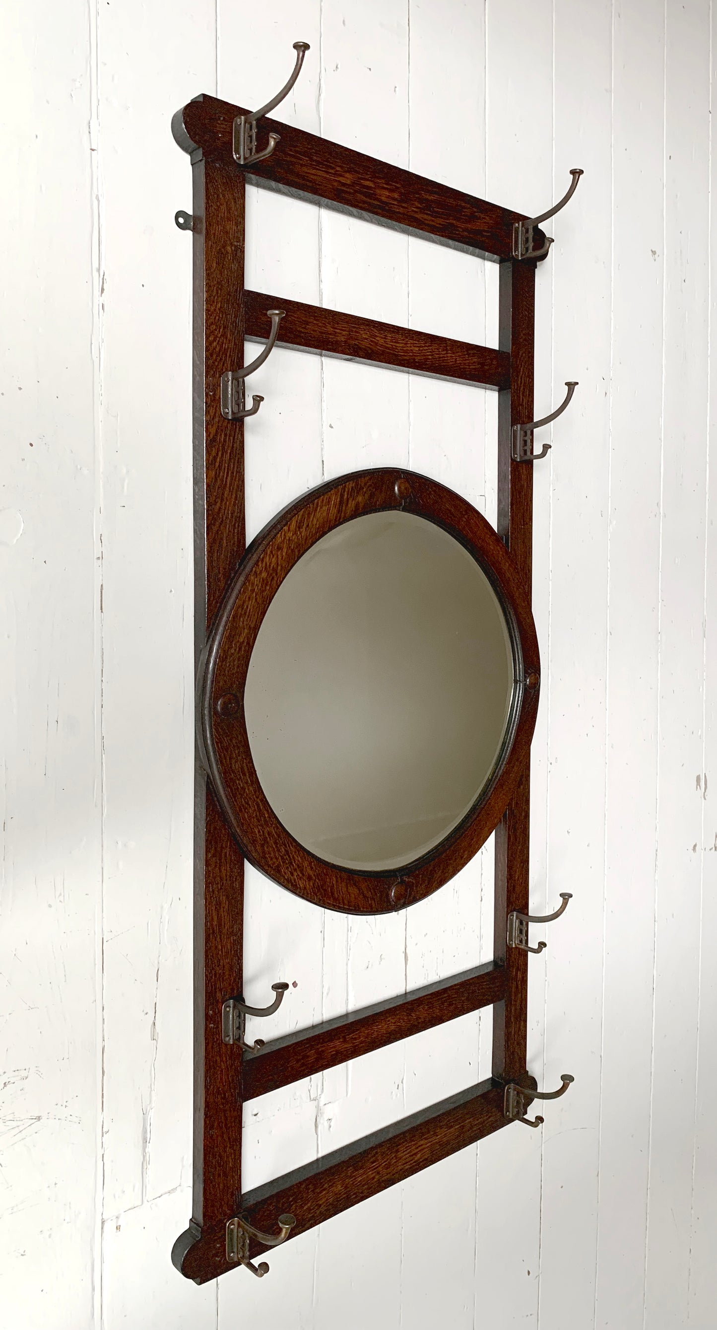 Antique Arts & Crafts Round bevelled Mirror & Coat Rack - Oak