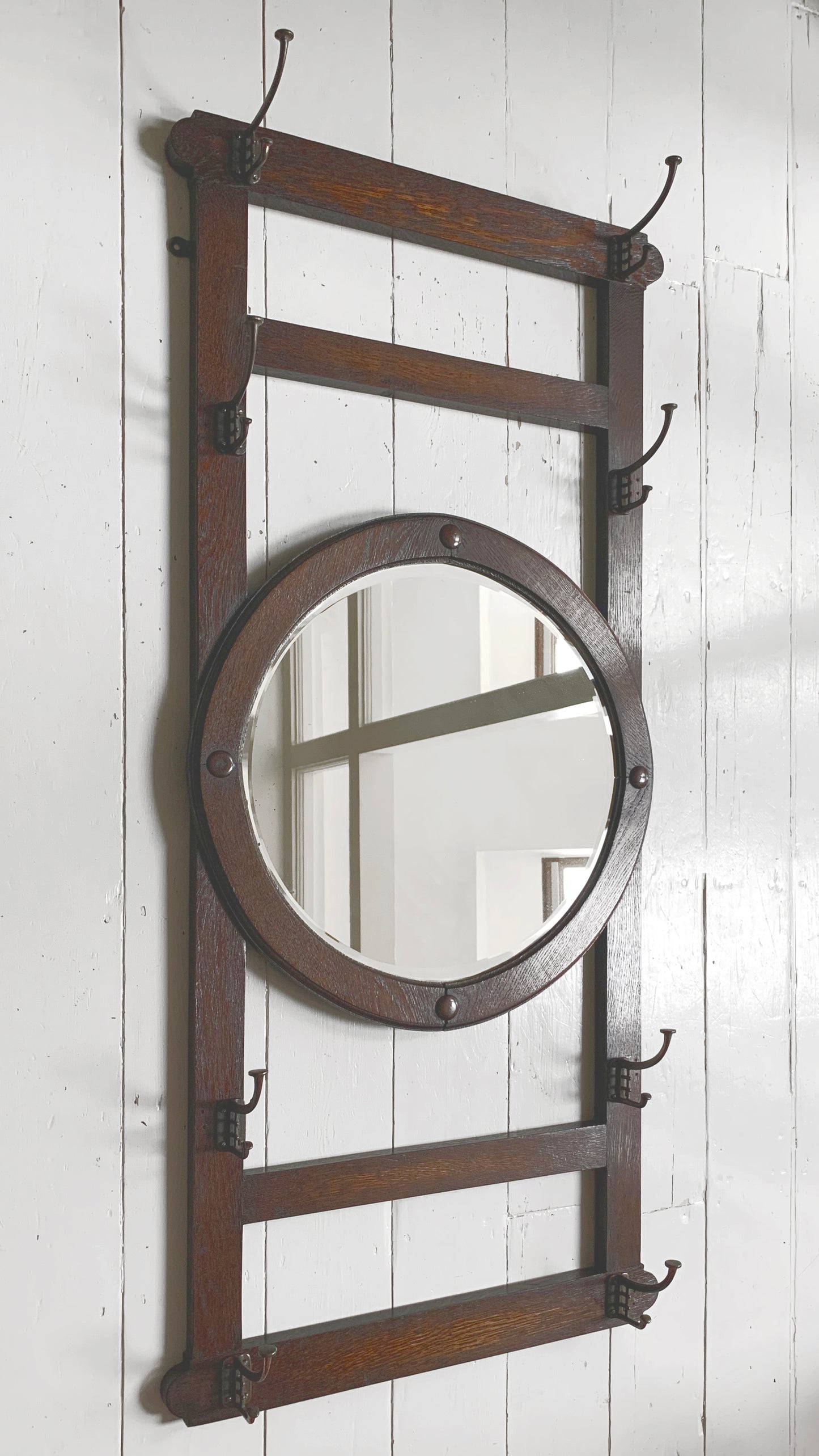 Antique Arts & Crafts Round bevelled Mirror & Coat Rack - Oak