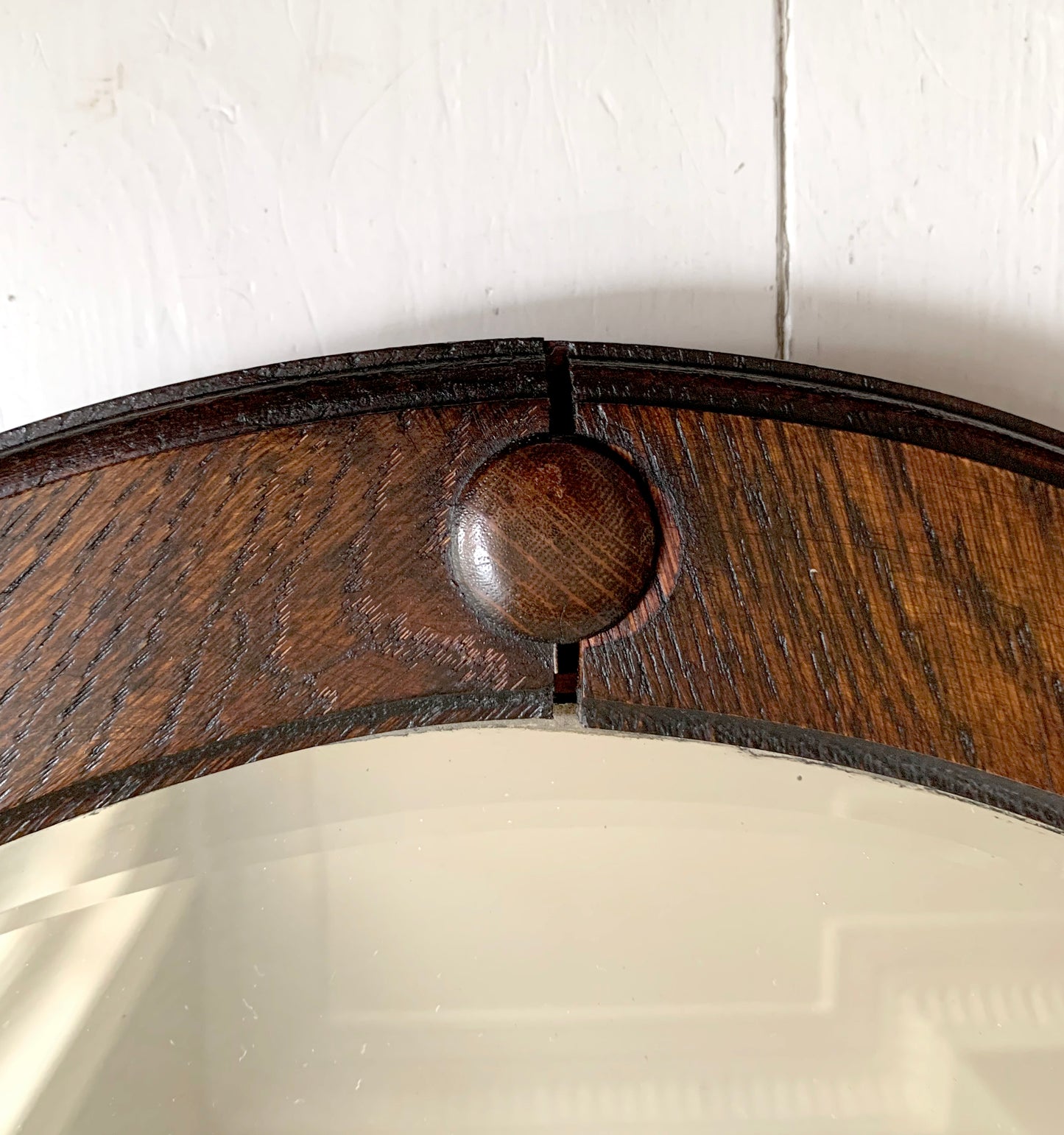 Antique Arts & Crafts Round bevelled Mirror & Coat Rack - Oak