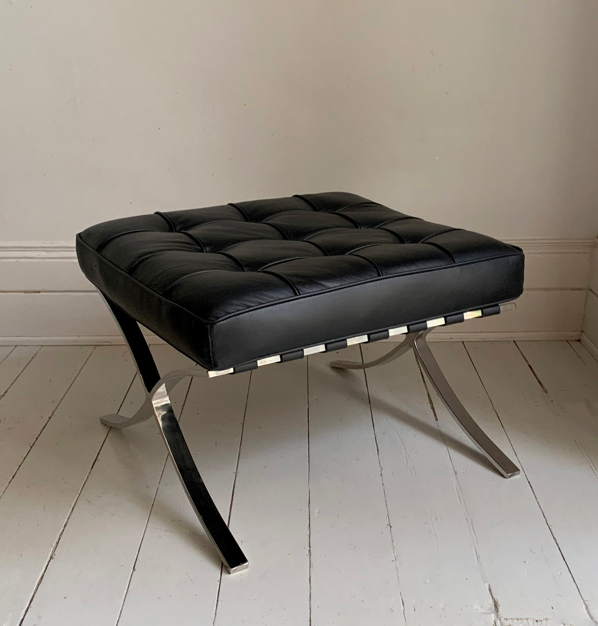 Barcelona Style Ottoman Foots Stool with Black PU Leather Cushion / Chrome Frame