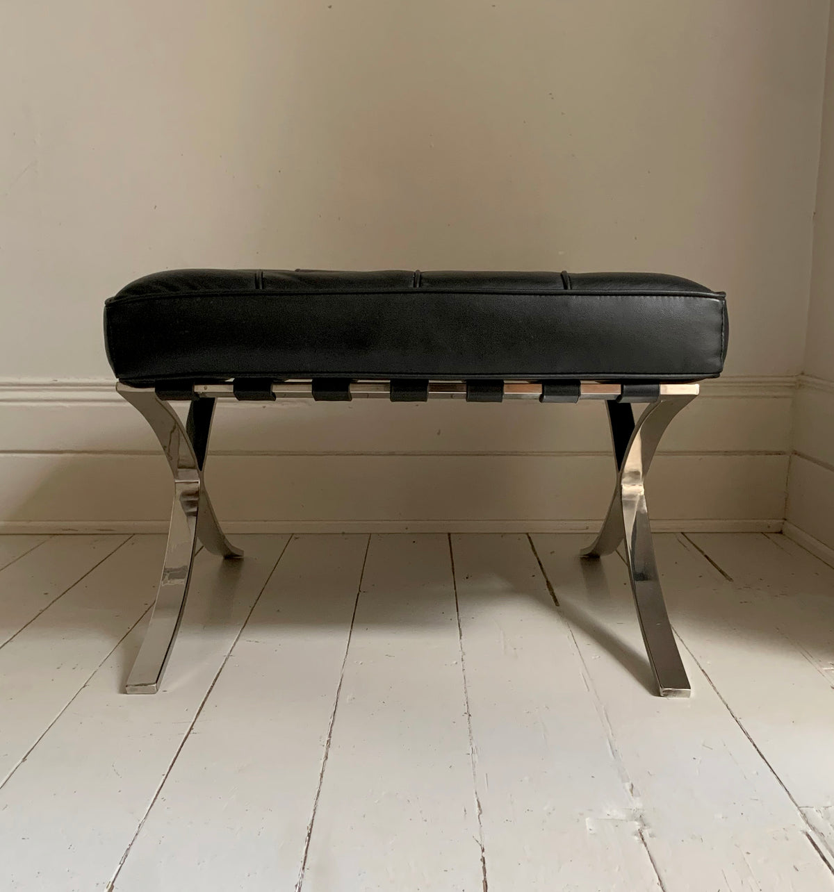 Barcelona Style Ottoman Foots Stool with Black PU Leather Cushion / Chrome Frame