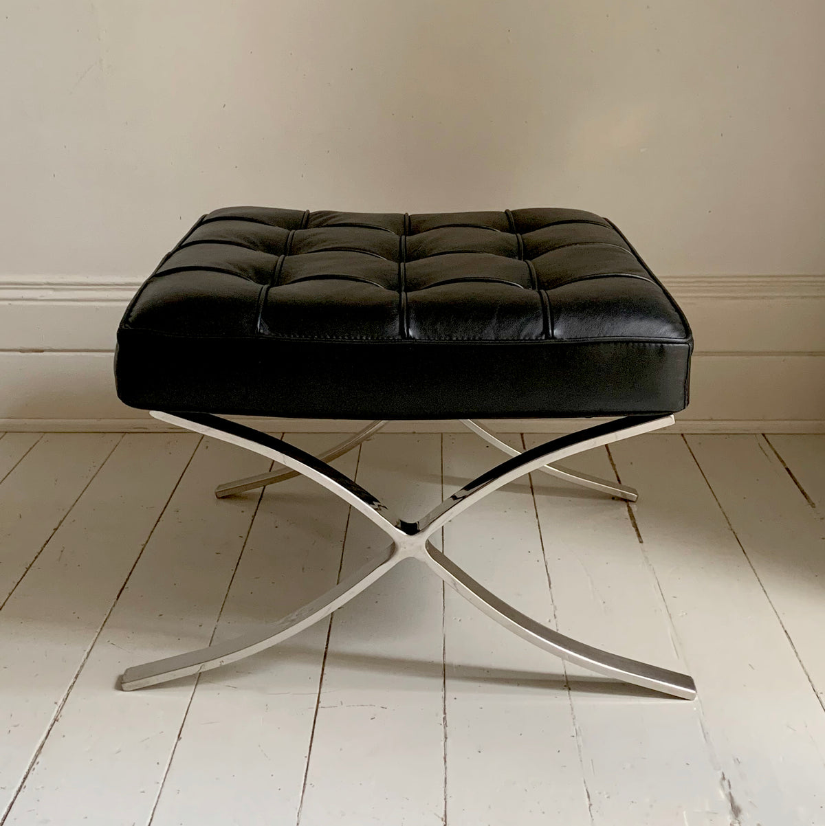Barcelona Style Ottoman Foots Stool with Black PU Leather Cushion / Chrome Frame