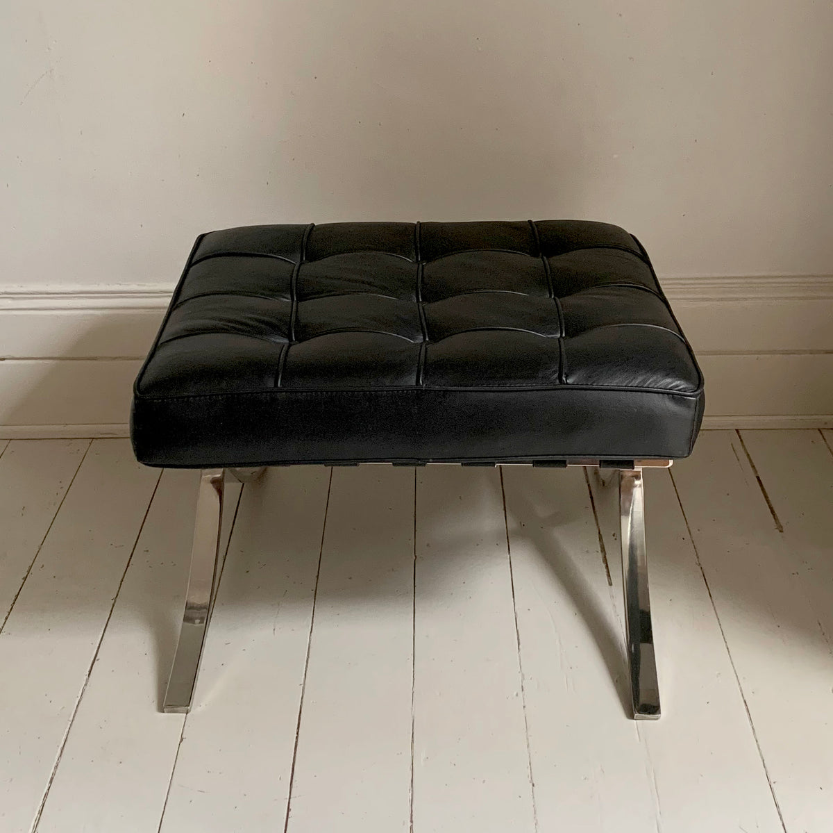 Barcelona Style Ottoman Foots Stool with Black PU Leather Cushion / Chrome Frame