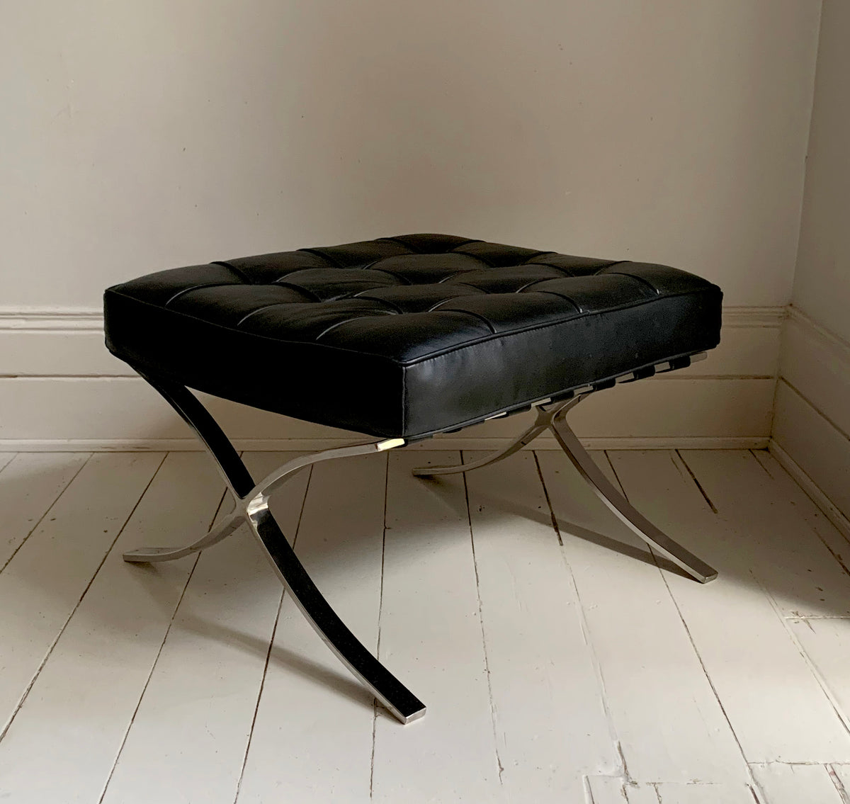 Barcelona Style Ottoman Foots Stool with Black PU Leather Cushion / Chrome Frame