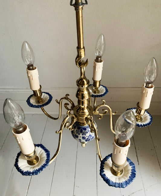 Vintage Delft Blue & White Porcelain & Brass Five Arm Chandelier