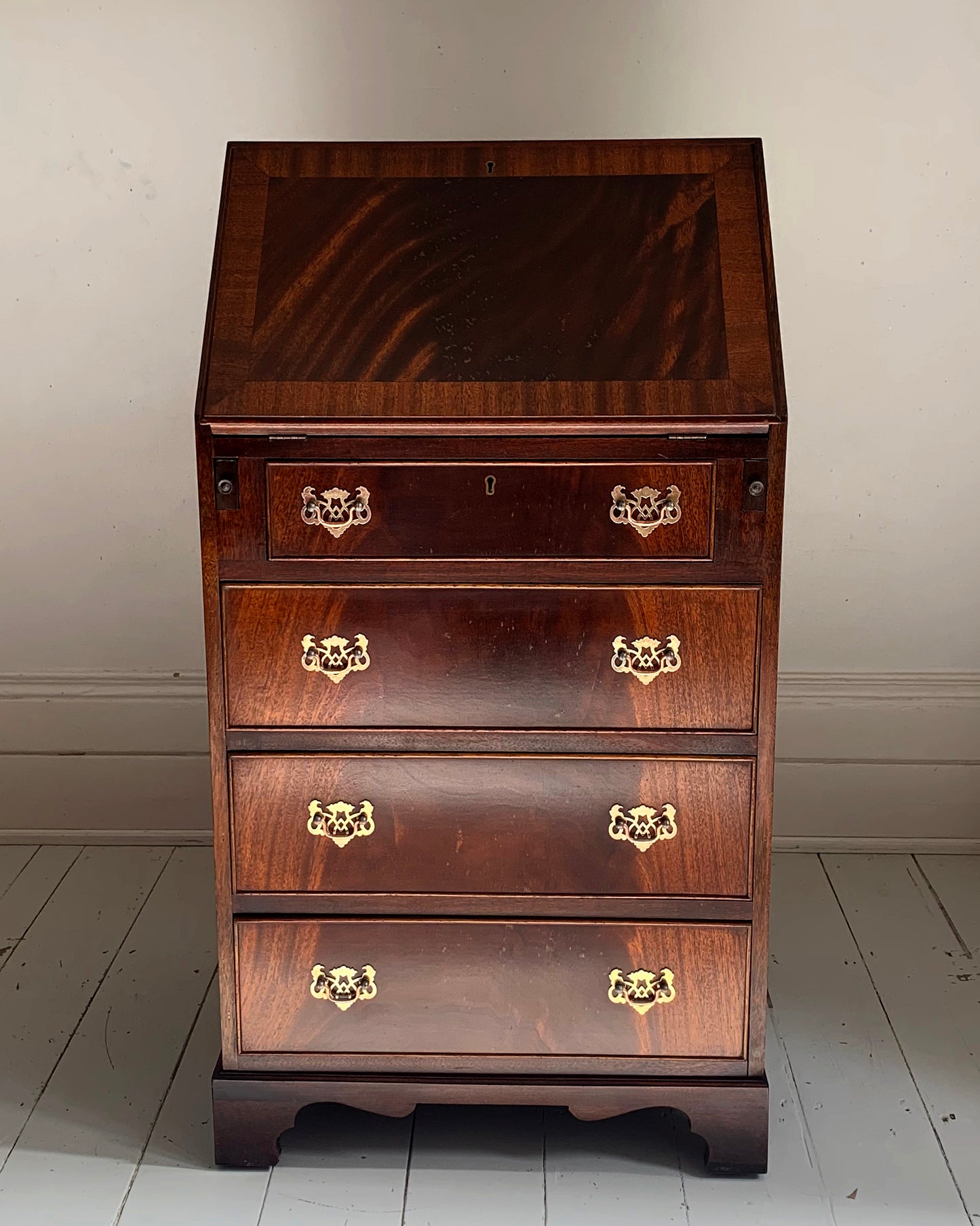 Antique Edwardian Flame Front Narrow Bureau / Writing Desk With Four Drawers