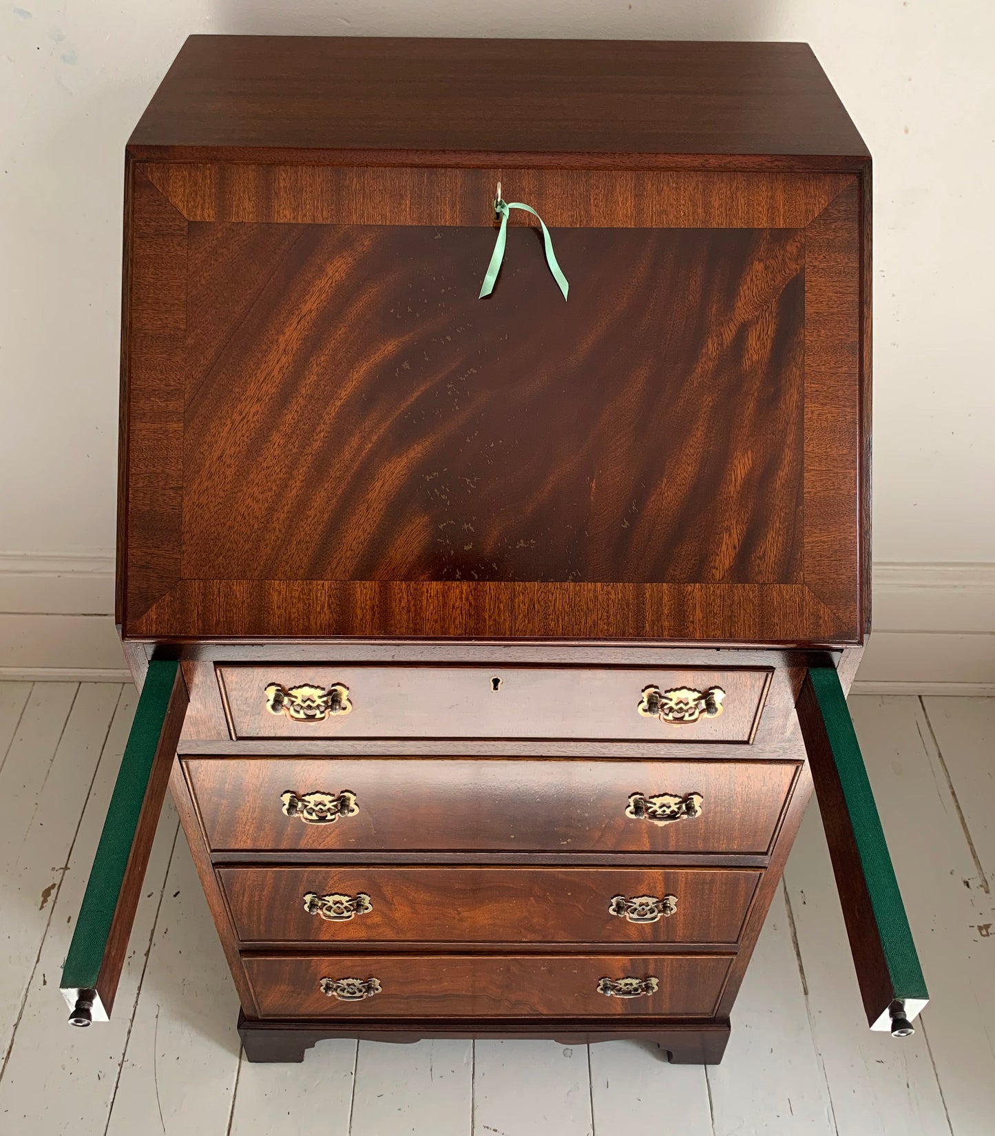 Antique Edwardian Flame Front Narrow Bureau / Writing Desk With Four Drawers