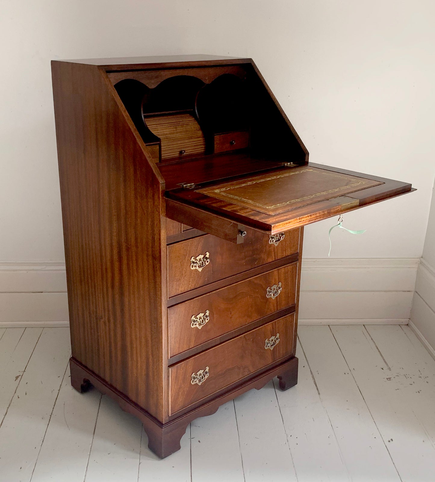 Antique Edwardian Flame Front Narrow Bureau / Writing Desk With Four Drawers