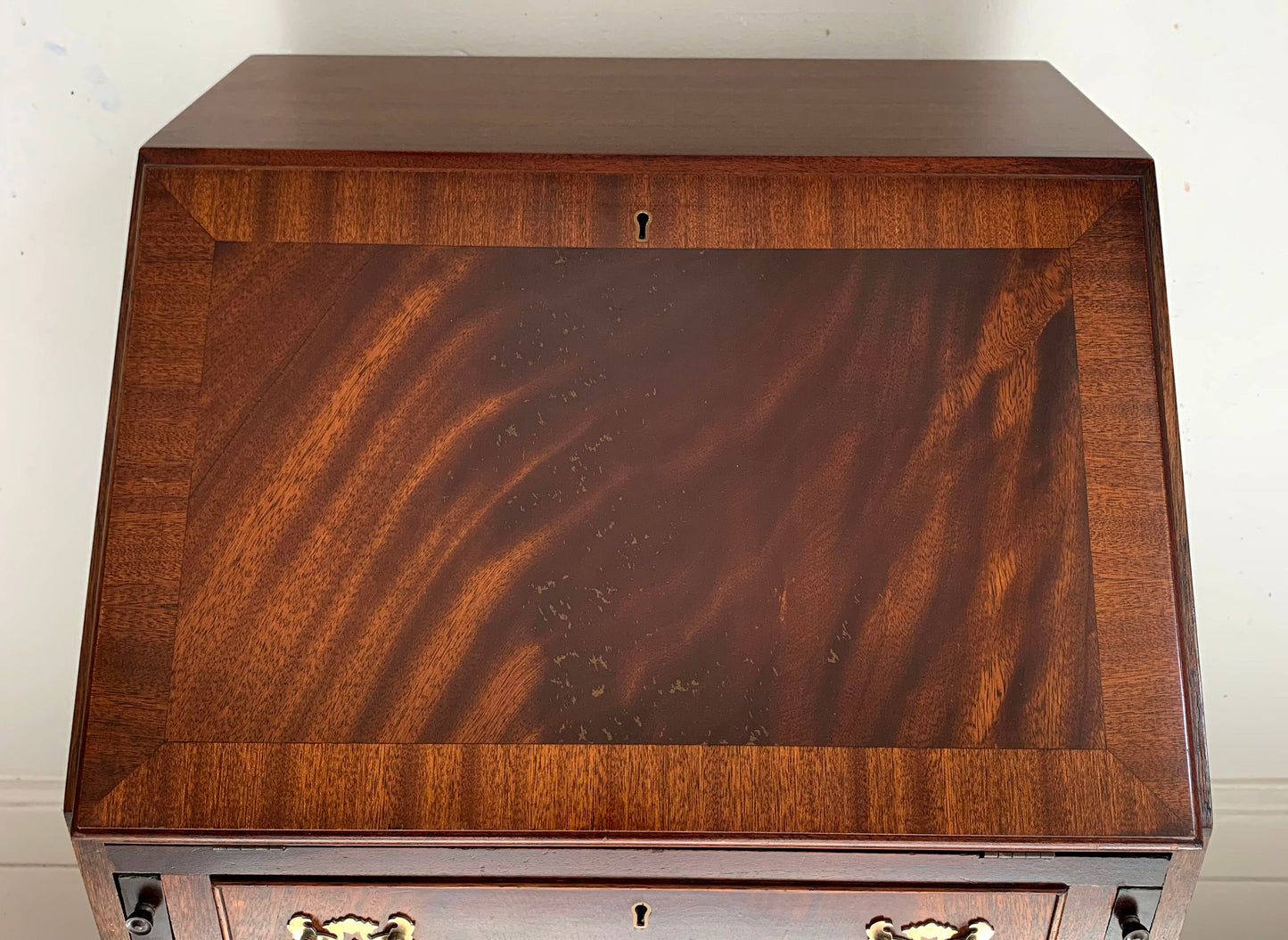 Antique Edwardian Flame Front Narrow Bureau / Writing Desk With Four Drawers
