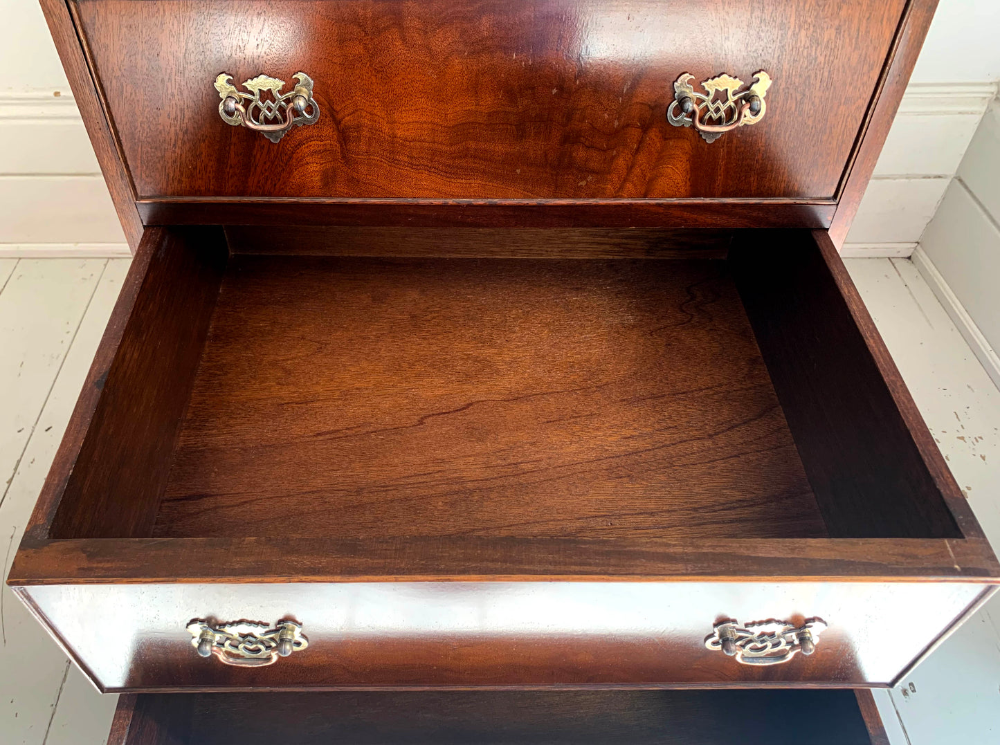 Antique Edwardian Flame Front Narrow Bureau / Writing Desk With Four Drawers
