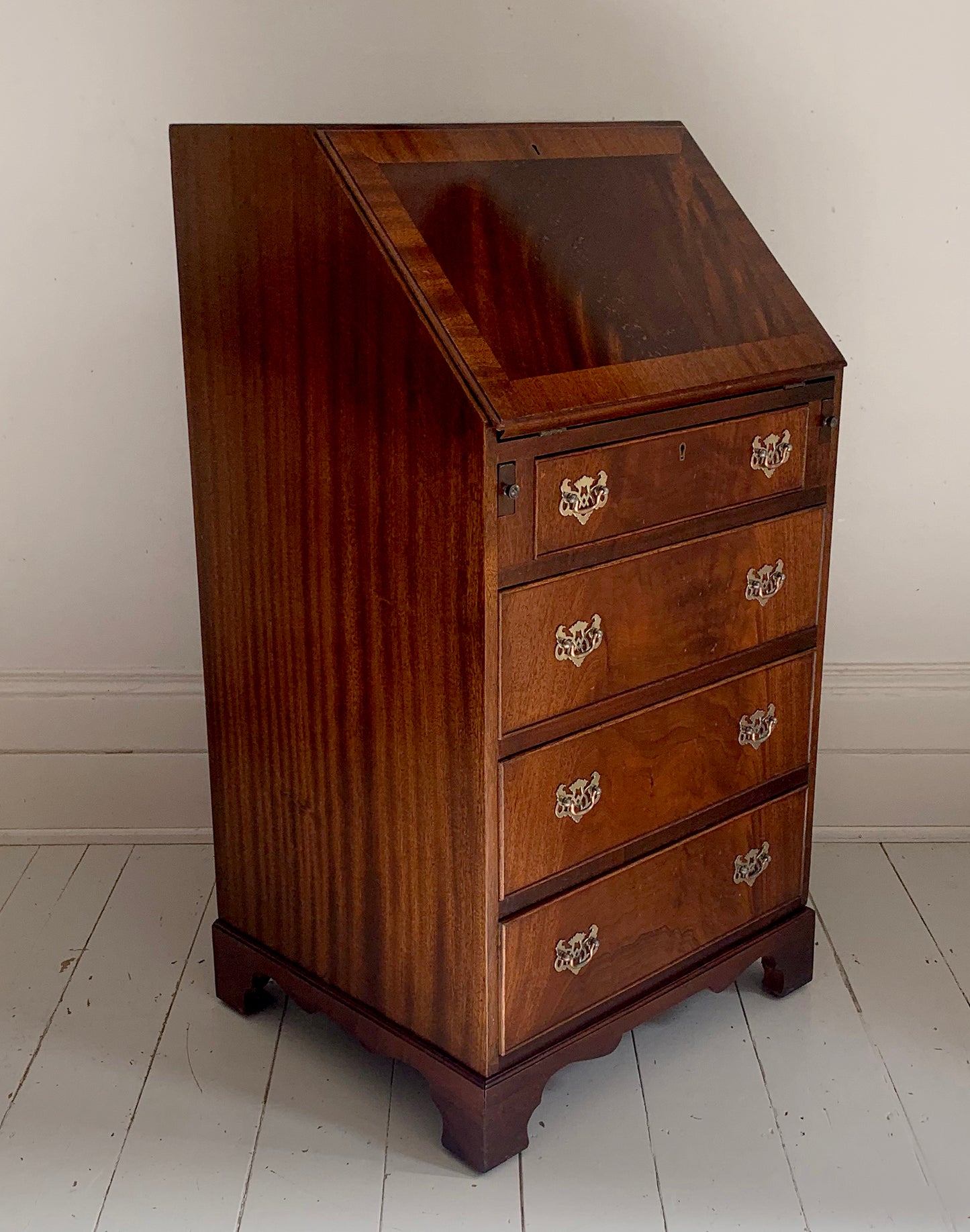 Antique Edwardian Flame Front Narrow Bureau / Writing Desk With Four Drawers