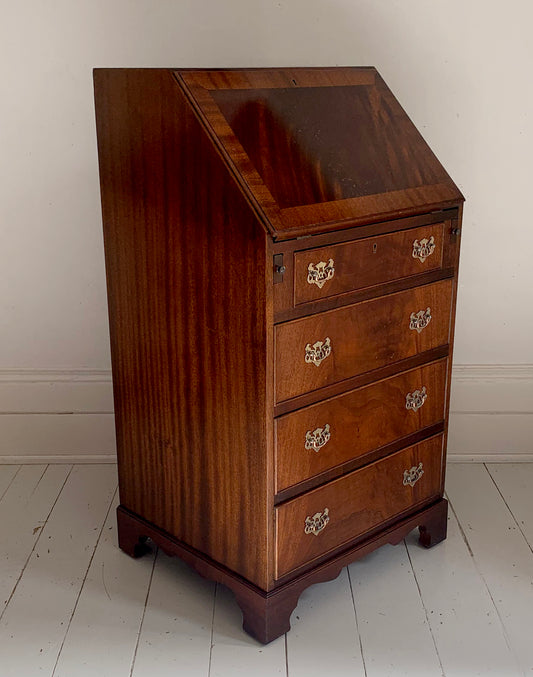 Antique Edwardian Flame Front Narrow Bureau / Writing Desk With Four Drawers