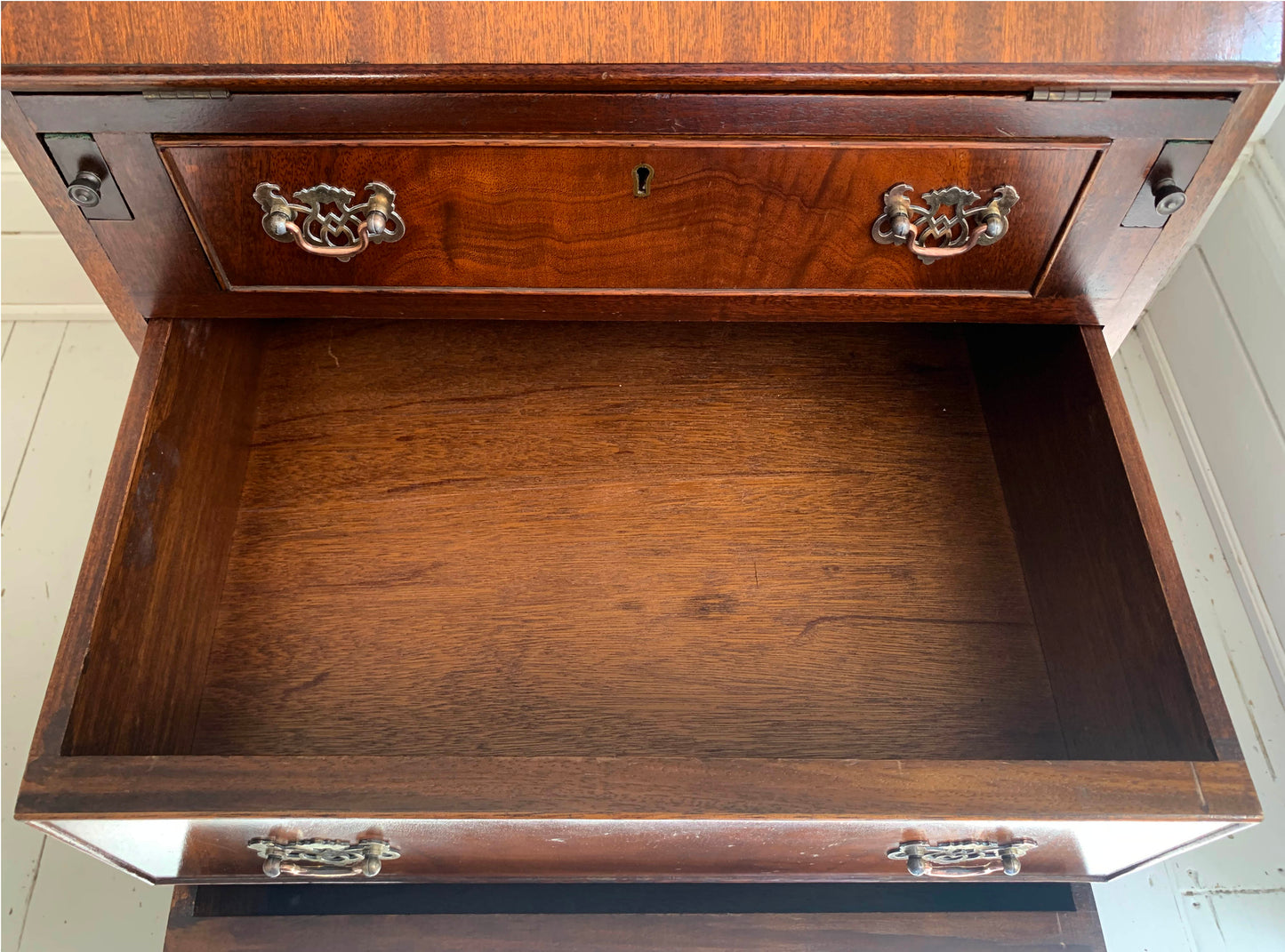 Antique Edwardian Flame Front Narrow Bureau / Writing Desk With Four Drawers