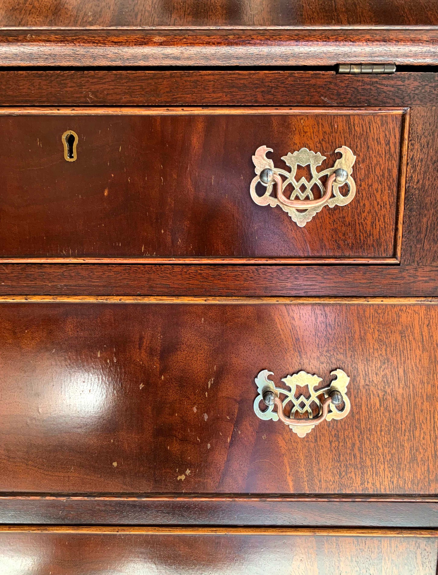 Antique Edwardian Flame Front Narrow Bureau / Writing Desk With Four Drawers