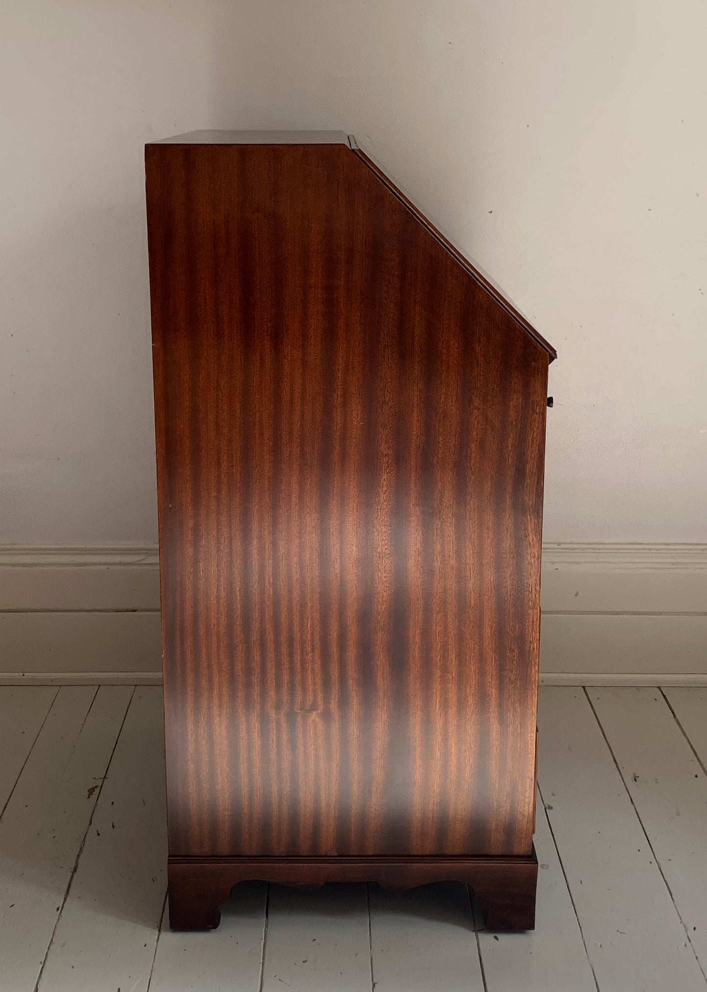 Antique Edwardian Flame Front Narrow Bureau / Writing Desk With Four Drawers